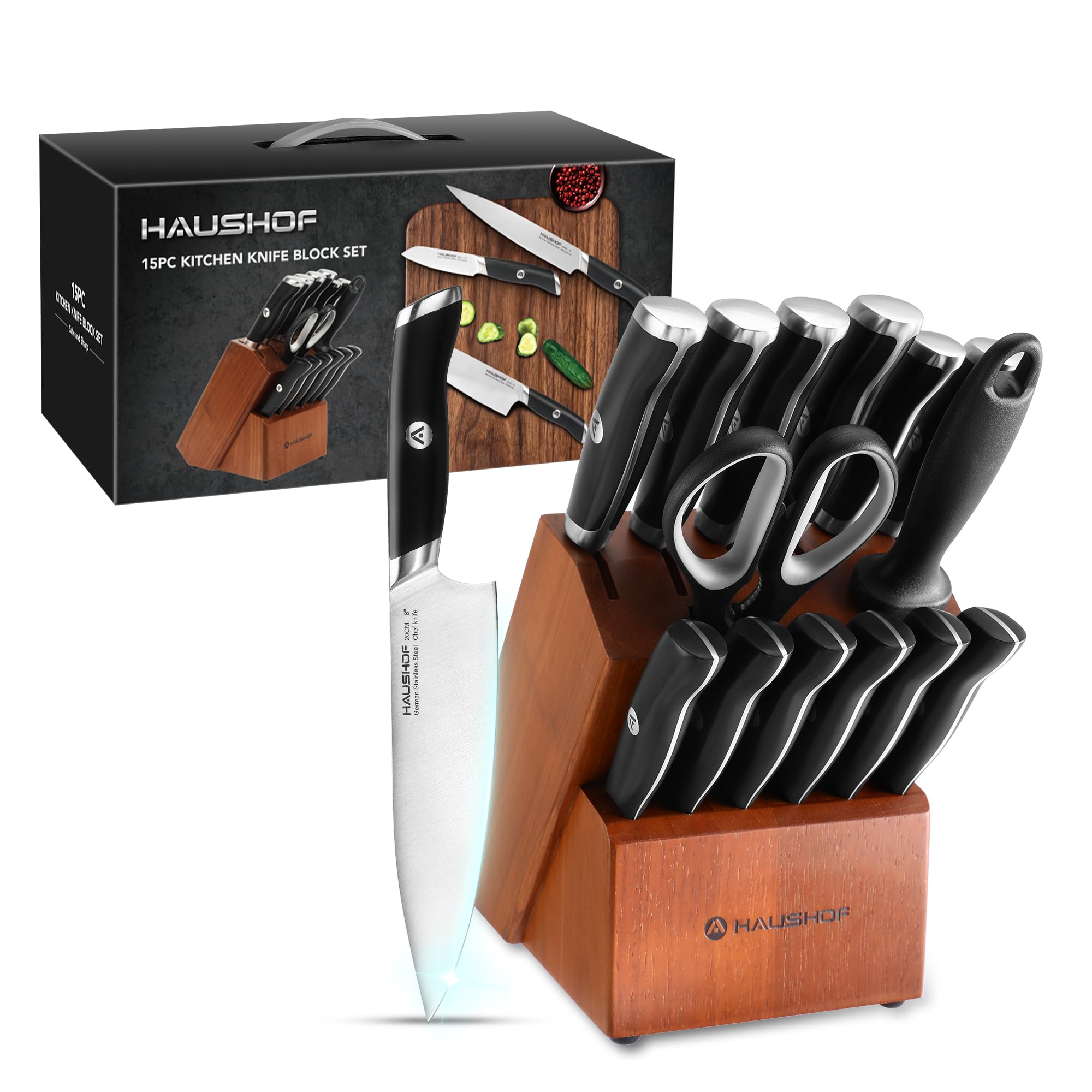 HAUSHOF 15-Piece Knife Block Set – Stainless Steel Kitchen K