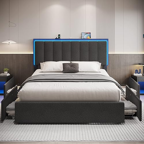 Miniatura 3 de DICTAC Base de cama LED Queen con 4 cajones de almacenamiento y 2 puertos USB moderna plataforma tapizada con almacenamiento y cabecera LED W 3