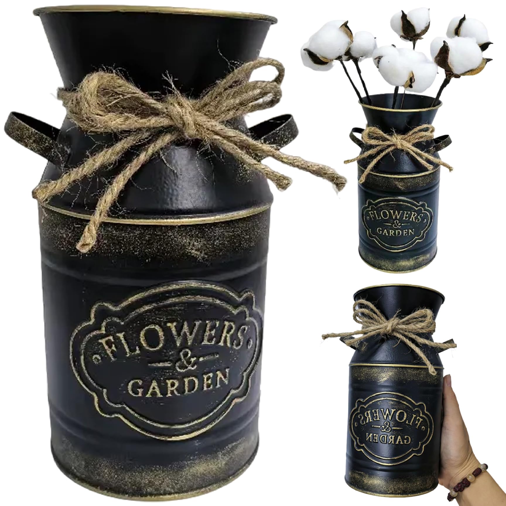 Hintyne Flower Vase Flower Vase, Rustic Farmhouse with Rope Decor Galvanized Iron Metal Milk Jug Decorative Vases with Handle for Arrangement