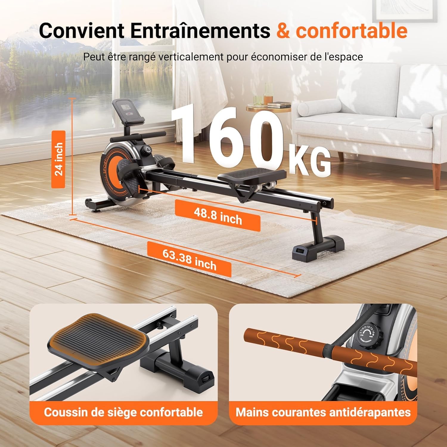 Rameur Magnétique Dripex, Rameur d'intérieur avec 16 Niv de Résistance Réglables, écran LCD et Support pour Tablette Capacité de Poids 150KG