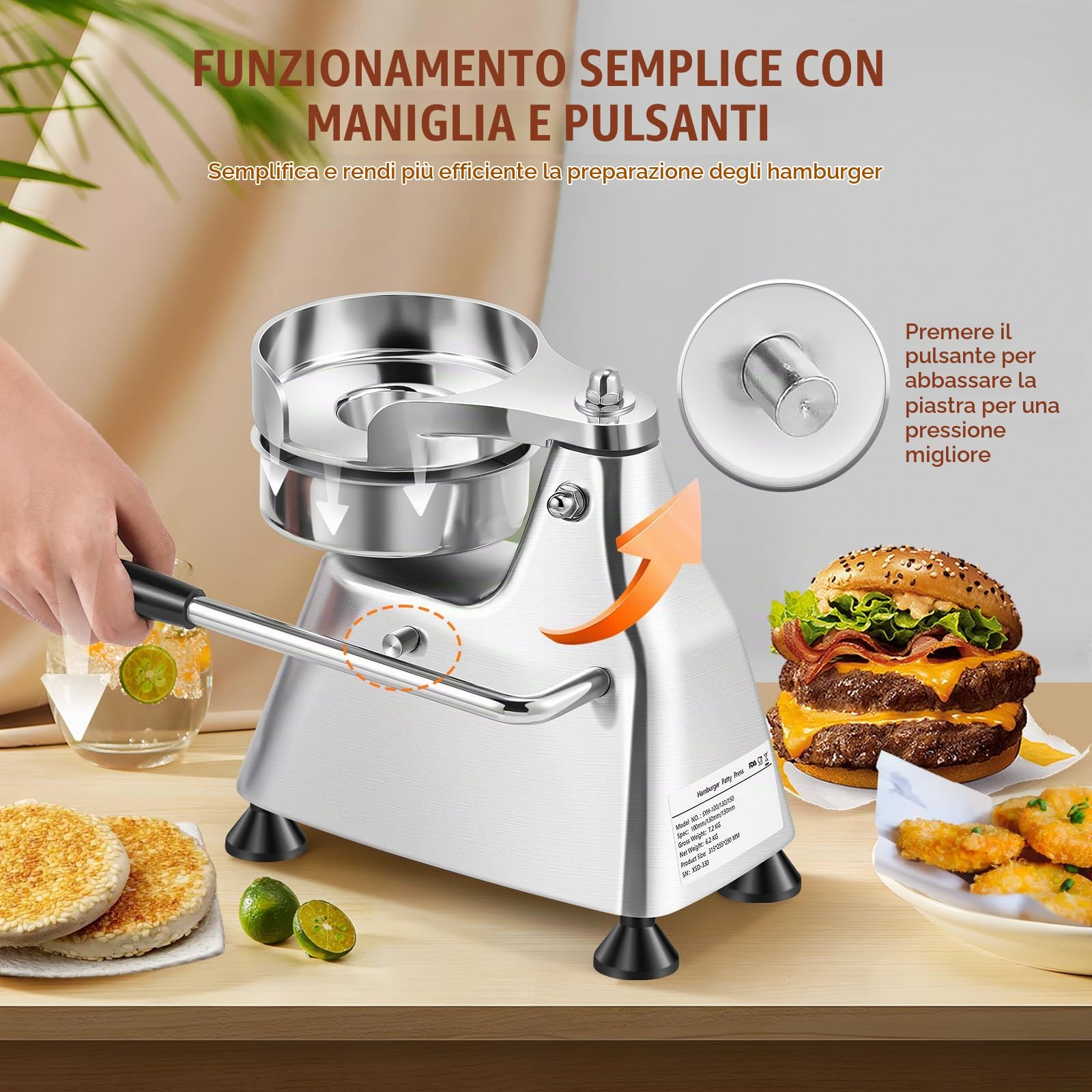 Moongiantgo 3-in-1 Hamburgatrice, Pressa per Hamburger in Acciaio Inox | Macchina Commerciale per Hamburger Pressa con 3 Vassoi di Dimensioni 4/5/6" & 1500 Pezzi di Carta per Hamburger (10/13/15CM)