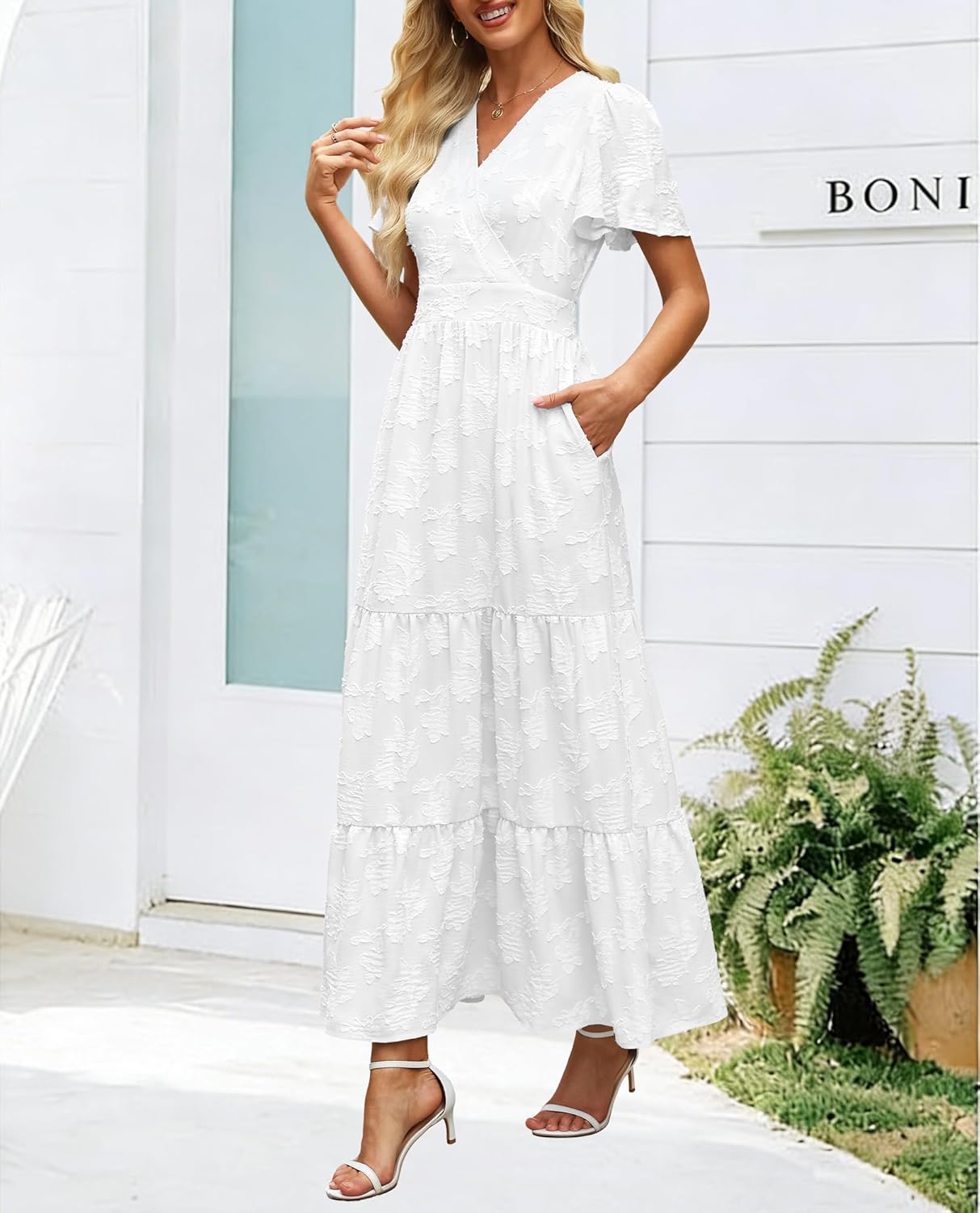 Womens Boho Floral Maxi Dress Elegant Wrap V Neck Short Flutter Sleeve Flowy Tiered A Line Summer Beach Wedding Guest Dresses - Image 5