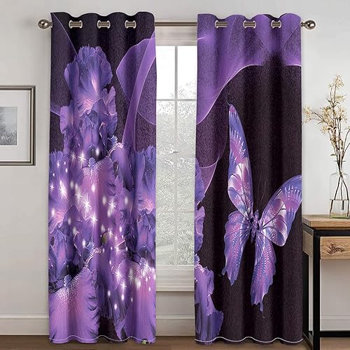 YELDAN Cortinas opacas florales de mariposa, cortinas moradas para dormitorio, sala de estar, 63 pulgadas de largo, tratamientos de ventana para