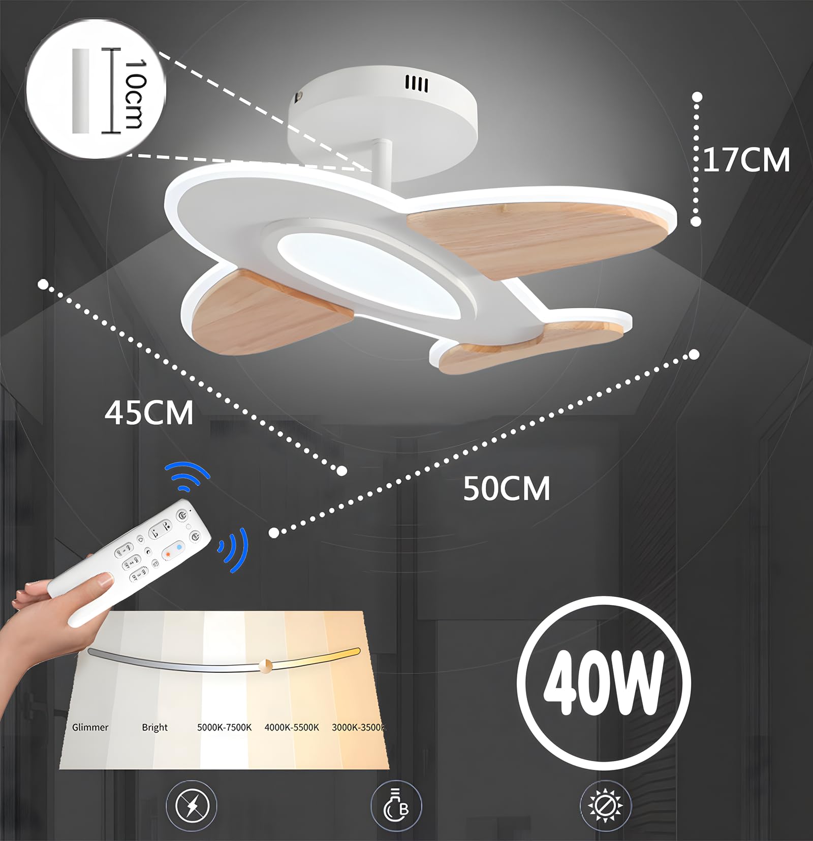 Plafoniera LED, 3000-6000K Dimmerabile Con Telecomando, 40W 40*50cm Lampada Per Cameretta Per Bambini In Legno + Acrilico, Lampada Sospensione LED Per Camerette Per Ragazze/Ragazzi Soggiorno