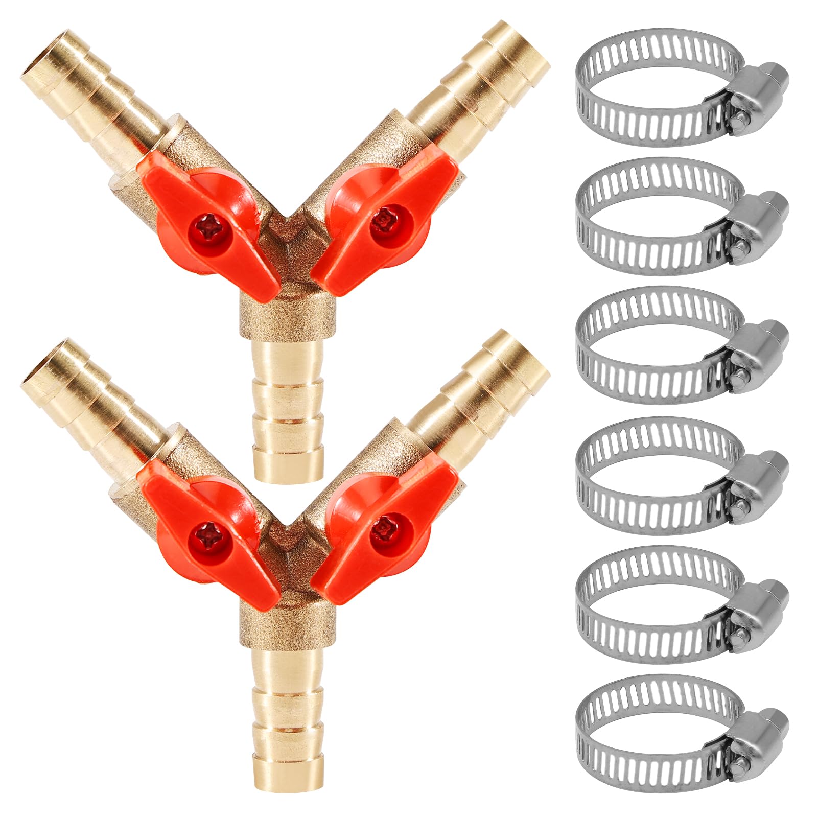 2 Pieces 6 mm 3 Way Hose Connector with Ball Valve - Y Valve for Pipe Fittings, Air, Water, Gas - Shut-Off Valve with 6 Pieces Hose Clamps for Garden, Workshop, Household