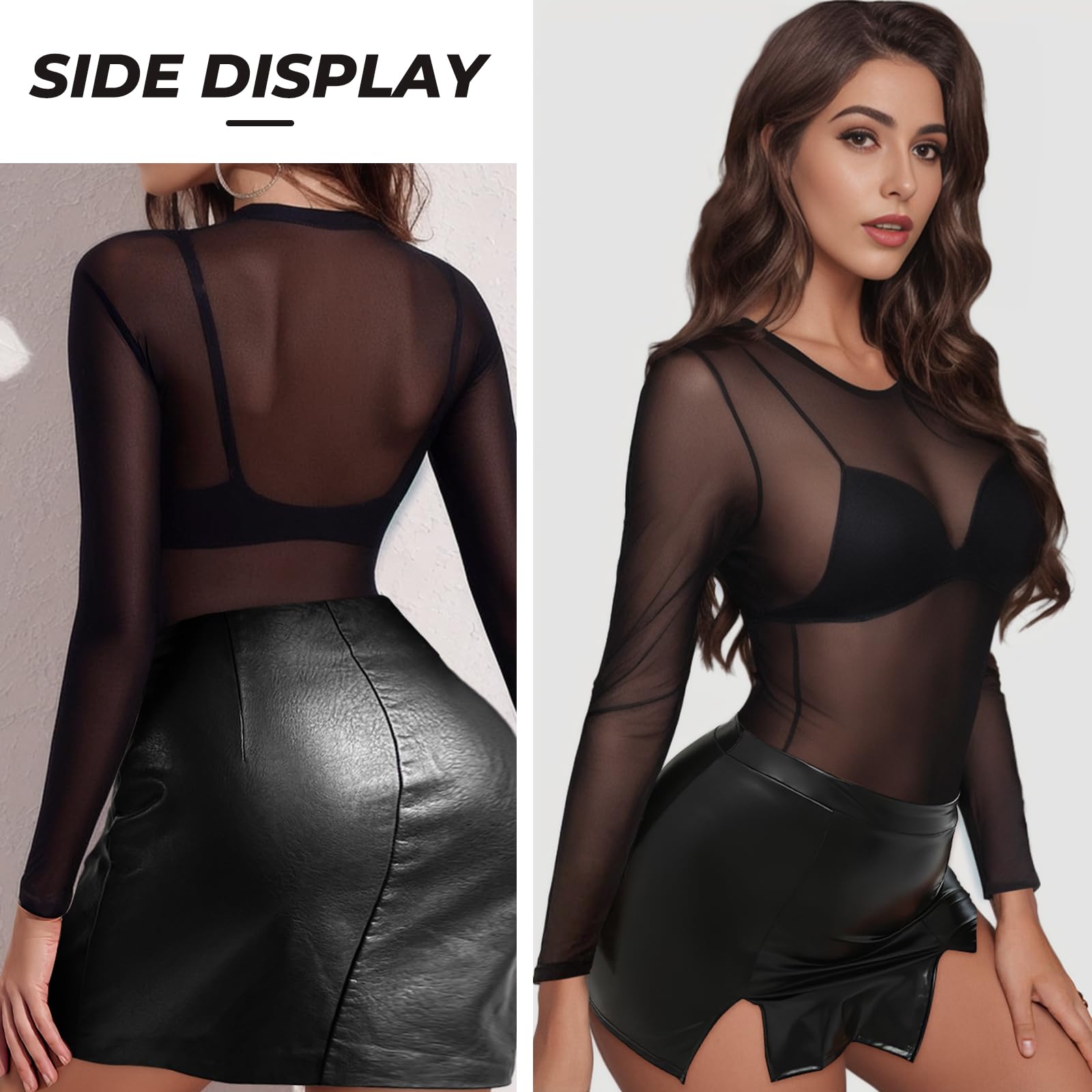 Buauty Body de malla de manga larga para mujer, parte superior de malla transparente, cuello redondo, leotardo transparente con entrepierna a presión, ropa de club