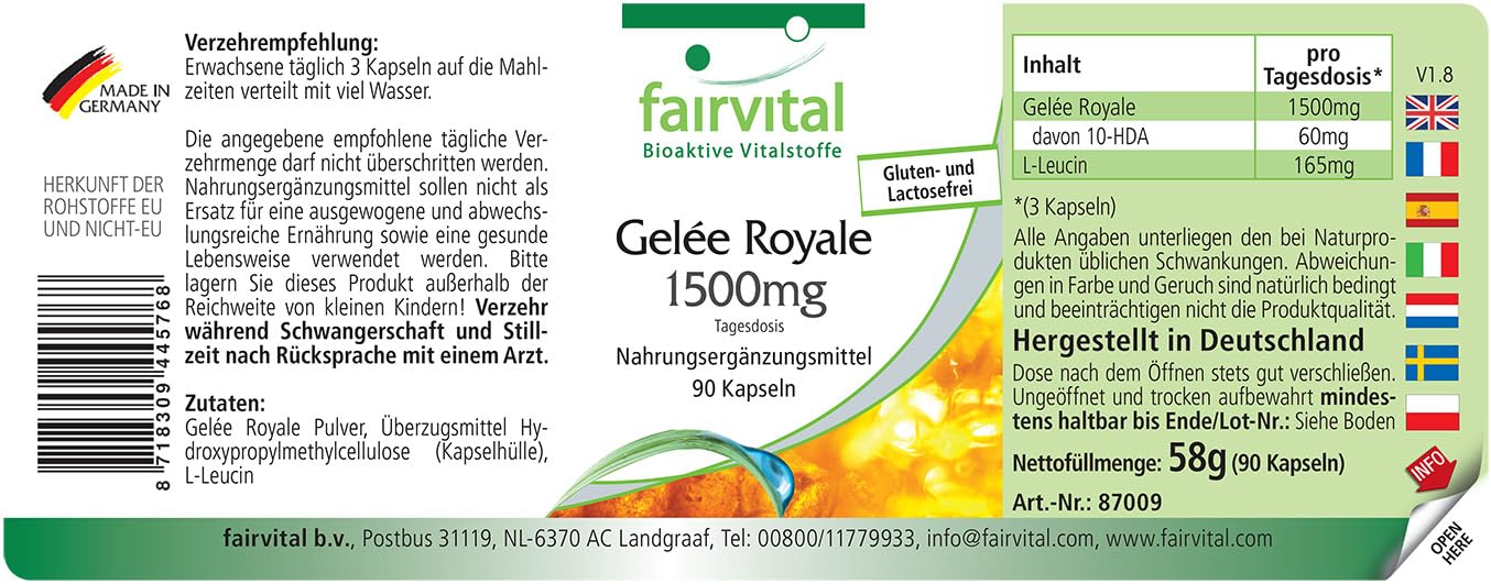 fairvital Pappa Reale 1500 mg, 90 capsule, facili da deglutire, ALTO DOSAGGIO, standardizzata al 4% di 10-HDA