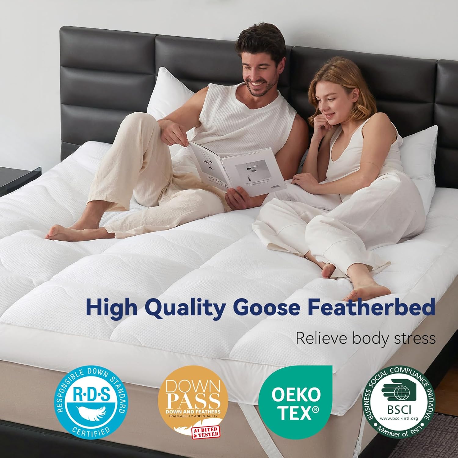 Dual Layer 5 Inch Goose Feather Mattress Topper Queen Size, 4 Inch Goose Feather Plus 1 Inch Down Alternative Pillow Top, Medium Firm Featherbed with Adjustable Straps(60"x80", Wavy) - Image 6