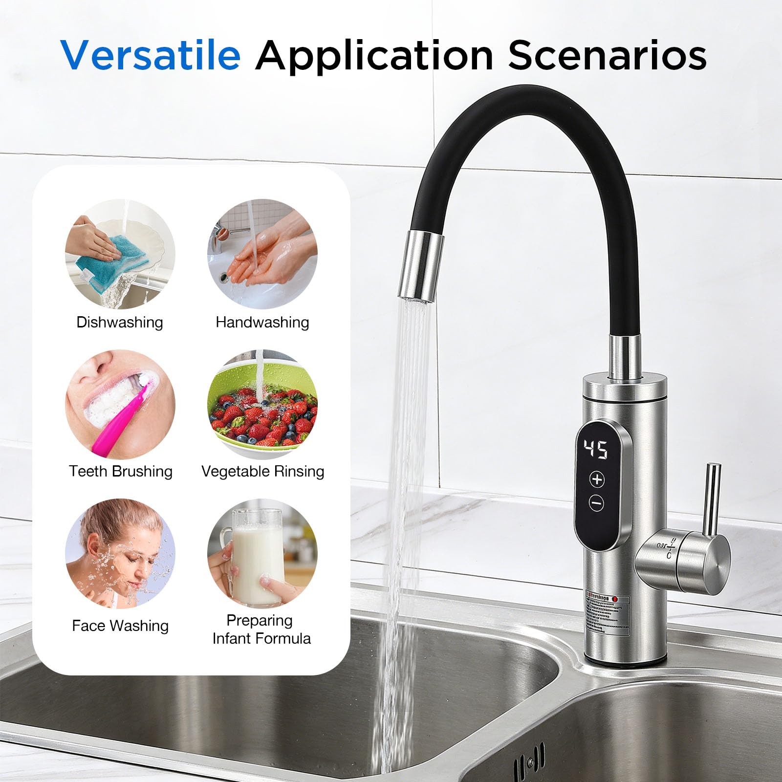 Robinet Chauffant Électrique Сhauffe-Eau,3300W Cuisine Robinet Chauffant, Acier Inoxydable Mitigeur électrique avec LED Température, rotation à 360°, 3S chauffe rapide,Chaude et Froide Réglable