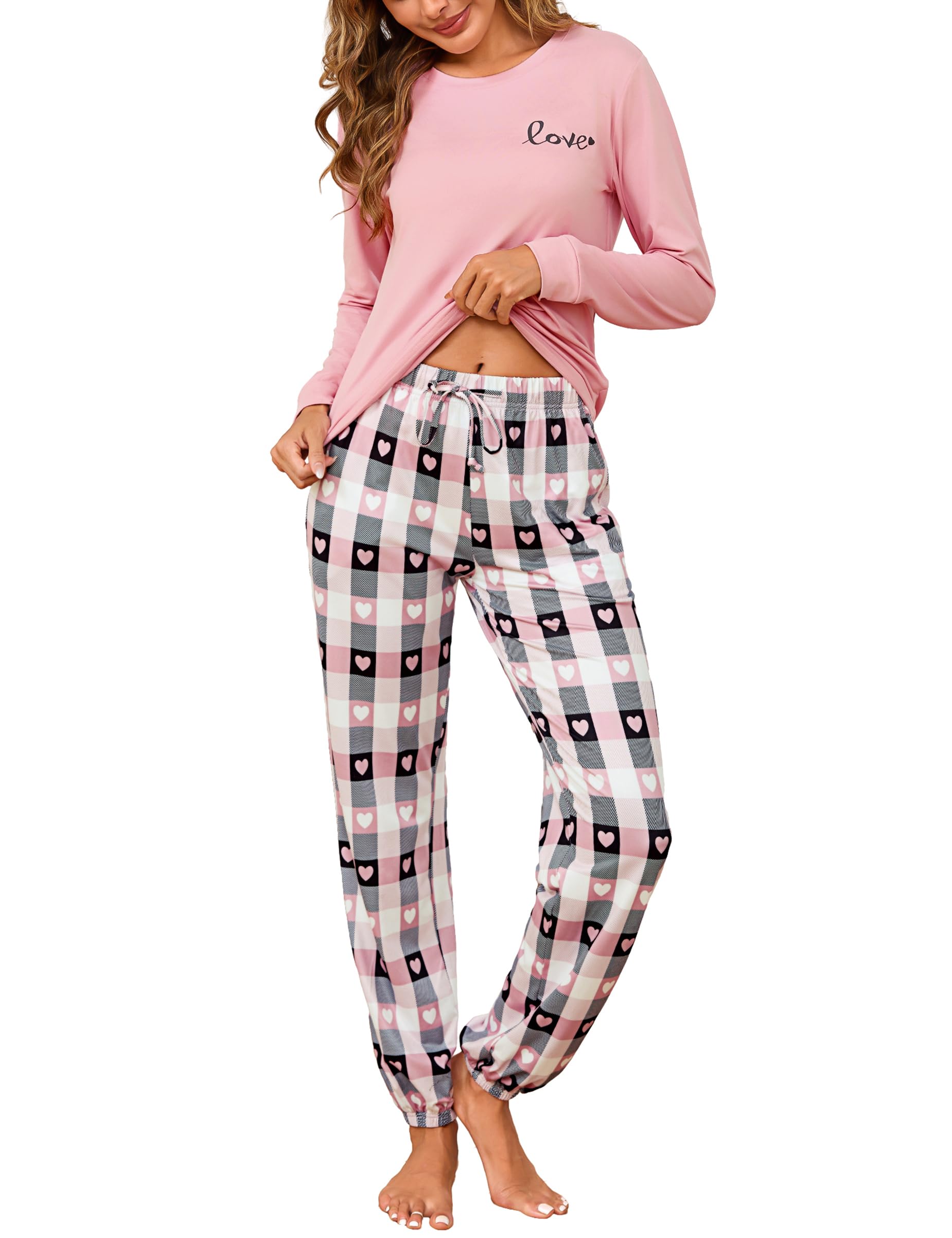 Bresdk Schlafanzug Damen Lang Pyjama Baumwolle Winter Schlafanzüge Herz-Print Hausanzug Nachtwäsche mit Tasche Pyjamas Set