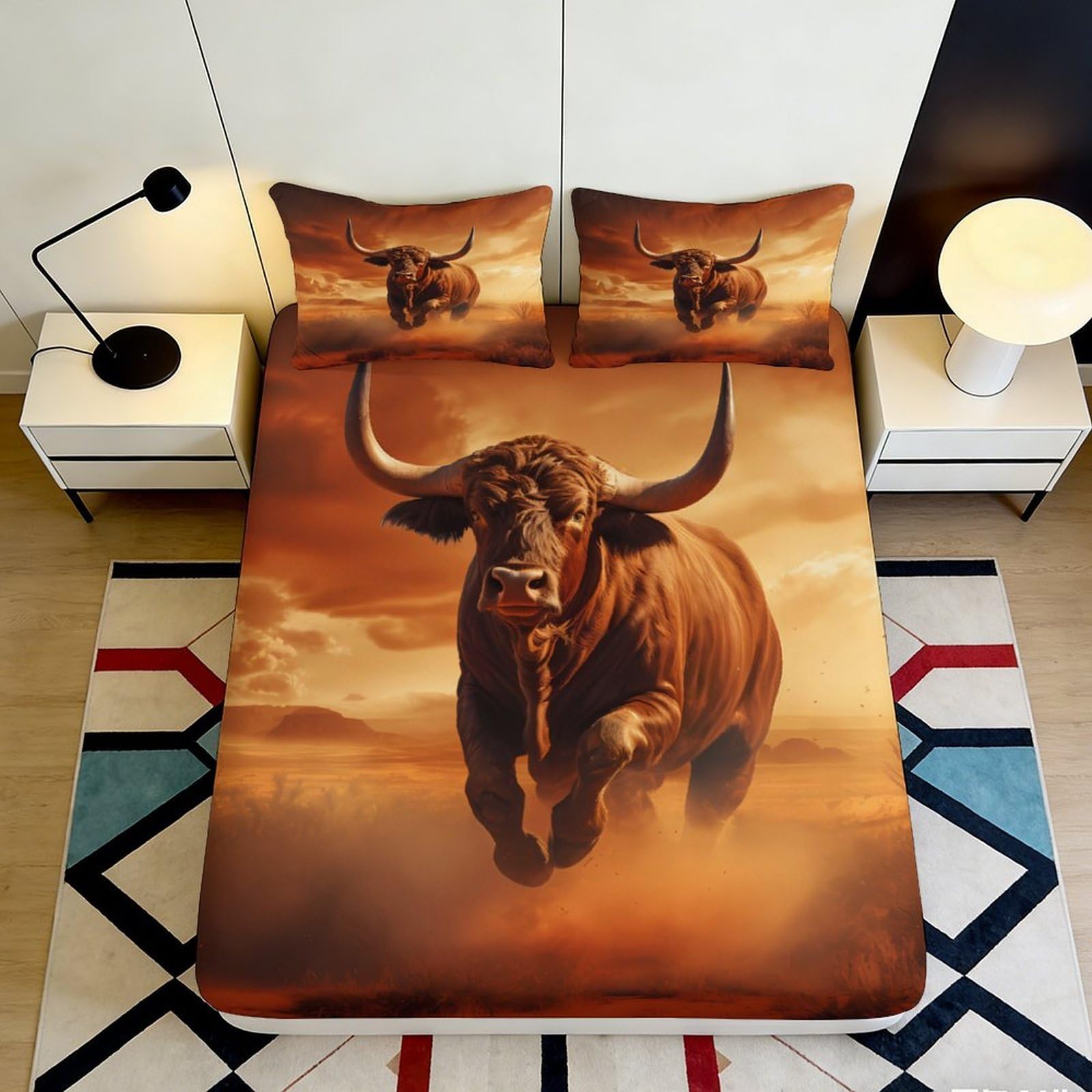 Pnayamiorkfel Style-3 3D Printed Wild Bull Fitted Sheet Microfiber Orange Western Landscape Bed Cover Anti-Slip Washable For Bedroom Guestroom 90X200x25cm