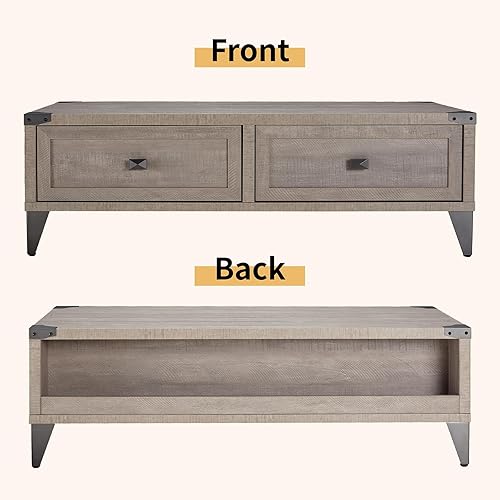 Miniatura 6 de Mesa auxiliar industrial con 2 cajones grandes, mesa central de almacenamiento con estantes traseros ocultos para sala de estar, mesa de cóctel