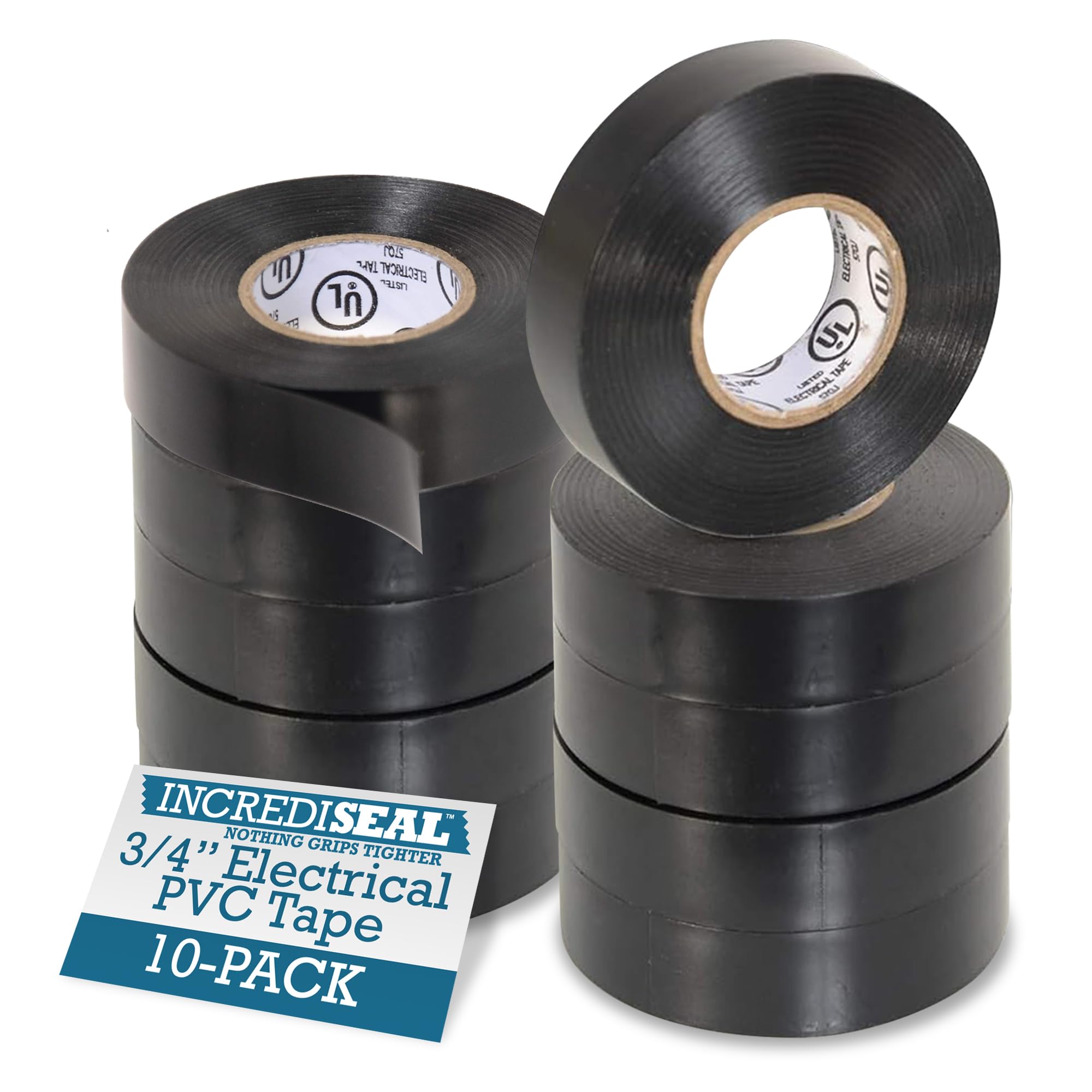 IncrediSeal Black 3/4“ PVC Electrical Tape, 20 Yds, 7.0 Mil, Commercial, Water Resistant, Flame Retardant, Plastic, Vinyl, UL Approved, 600V (10 Rolls