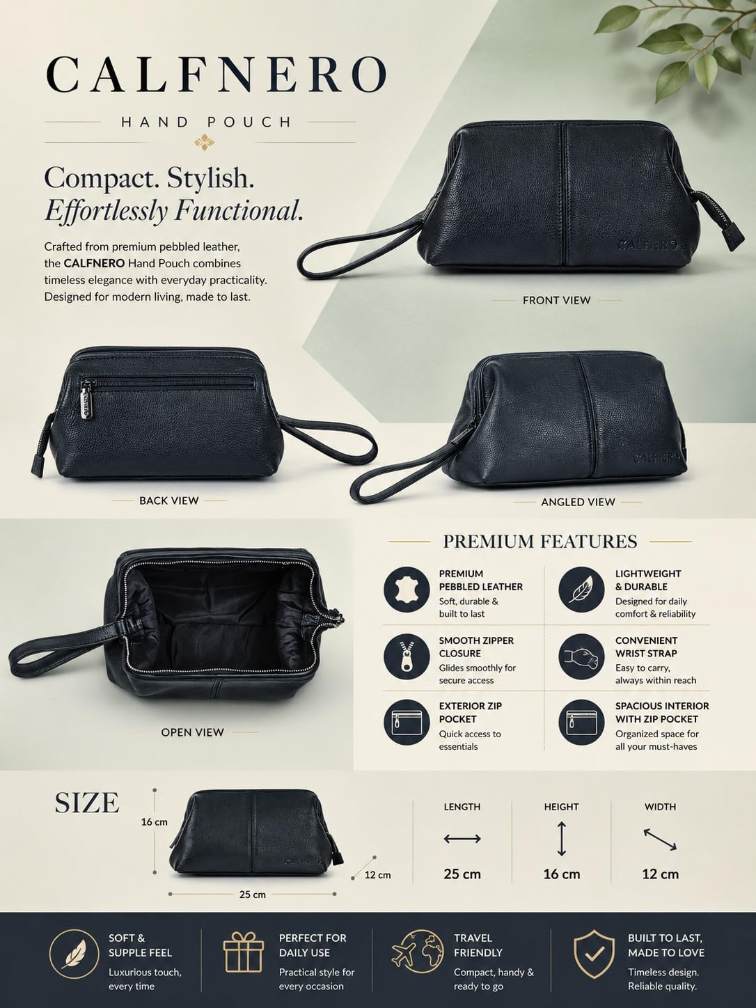 Calfnero Trousse de toilette en cuir véritable - Trousse de rasage et kit de toilettage pour voyage - Cadeau pour homme et femme - Trousse de maquillage pour salle de bain - Noir - Taille unique