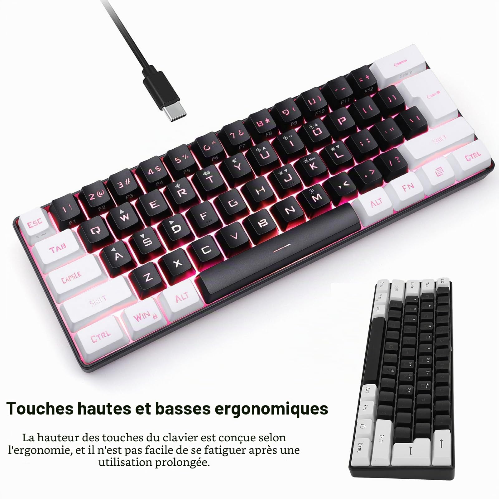 XUMIUZIY Clavier de Jeu Filaire à 60%, Mini Clavier de Jeu à Sensation Mécanique, Clavier Ultra Compact à 61 Touches Rétroéclairées RVB, Clavier Ergonomique pour Portable/PC/Gamer (Noir)