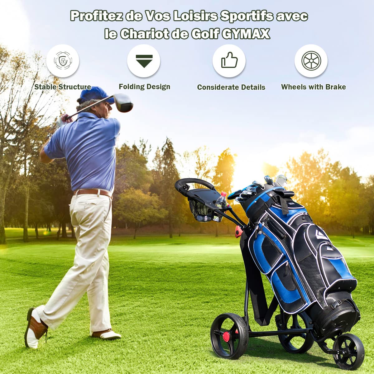 GYMAX Chariot de Golf à 3/4 Roues, Voiturette Golf Pliable avec Poignée Réglable et Sacs en Maille, Chariot de Golf Manuel avec Roues Amovibles avec Freins