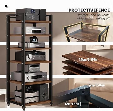 6-Tier AV Media Stand with Wheels, Modern Stereo Racks and Stands | Adjustable Audio-Video Shelving, Metal Stereo Cabinet Receiver Console Shelf for Living Gaming Room Recording Studio