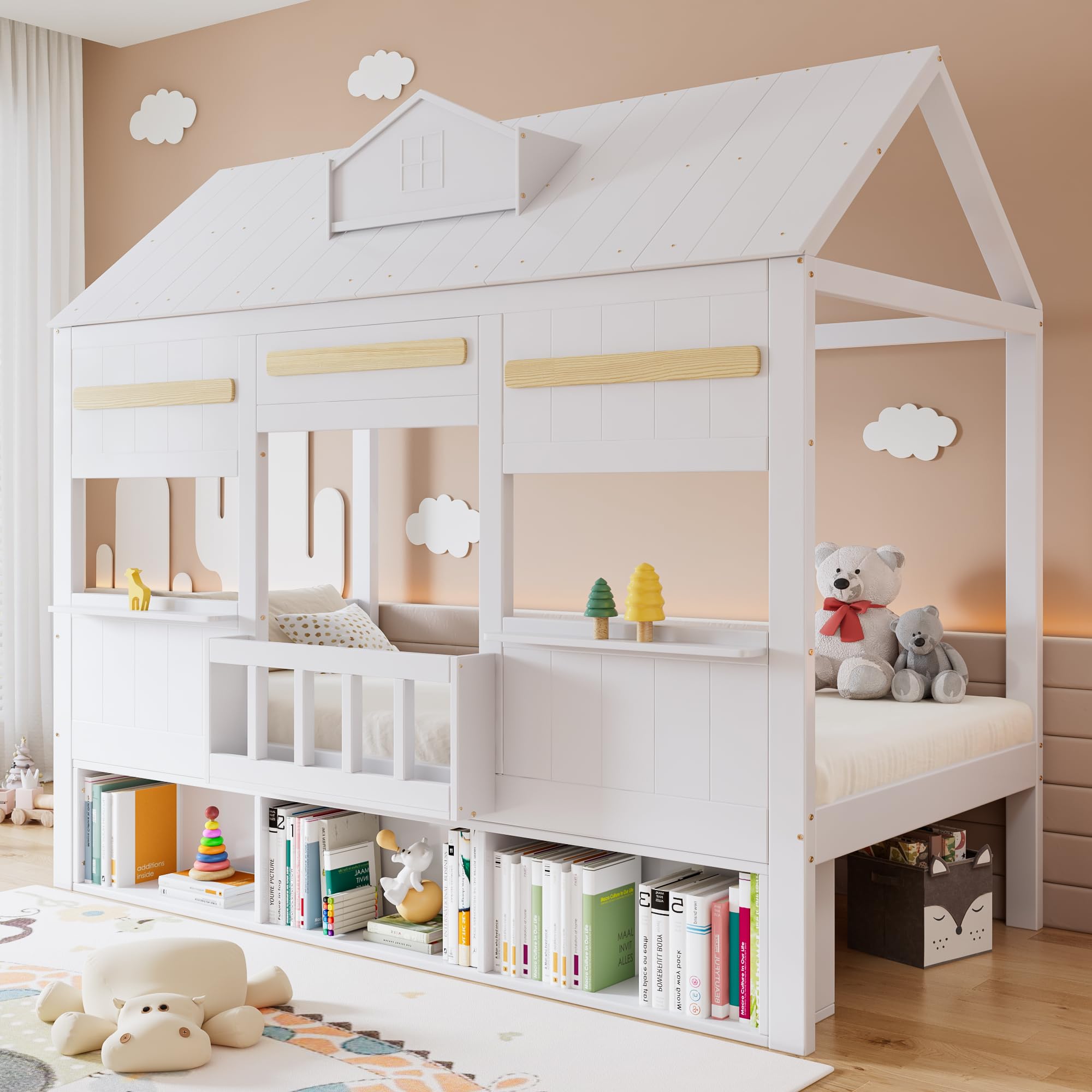 Cama Casita Montessori 90x200 cm con Diseño de Techo y Almacenamiento, Cama Casita Bebe Montessori Niño Niña con Ventana, Camas Infantiles Criança con Listones de Madera, Sin Colchón, Blanco