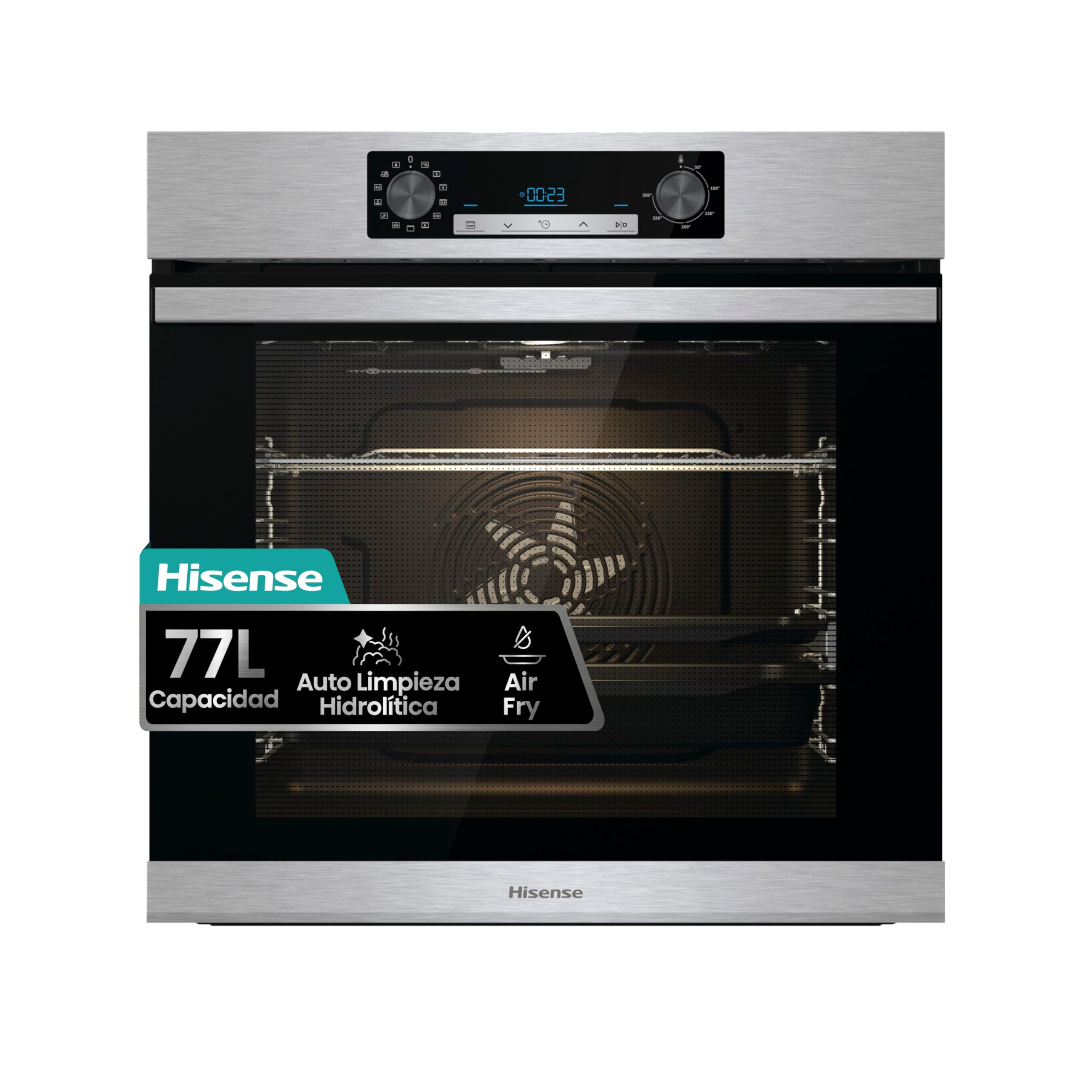 Hisense BSA65226AX Horno Multifunción con Vapor + Función Freidora de Aire sin Aceite, Gran Capacidad 77L,Cocción Simultanea 5 Niveles, ventilador XXL, Pizza mode 300º, Puertas removibles Inox