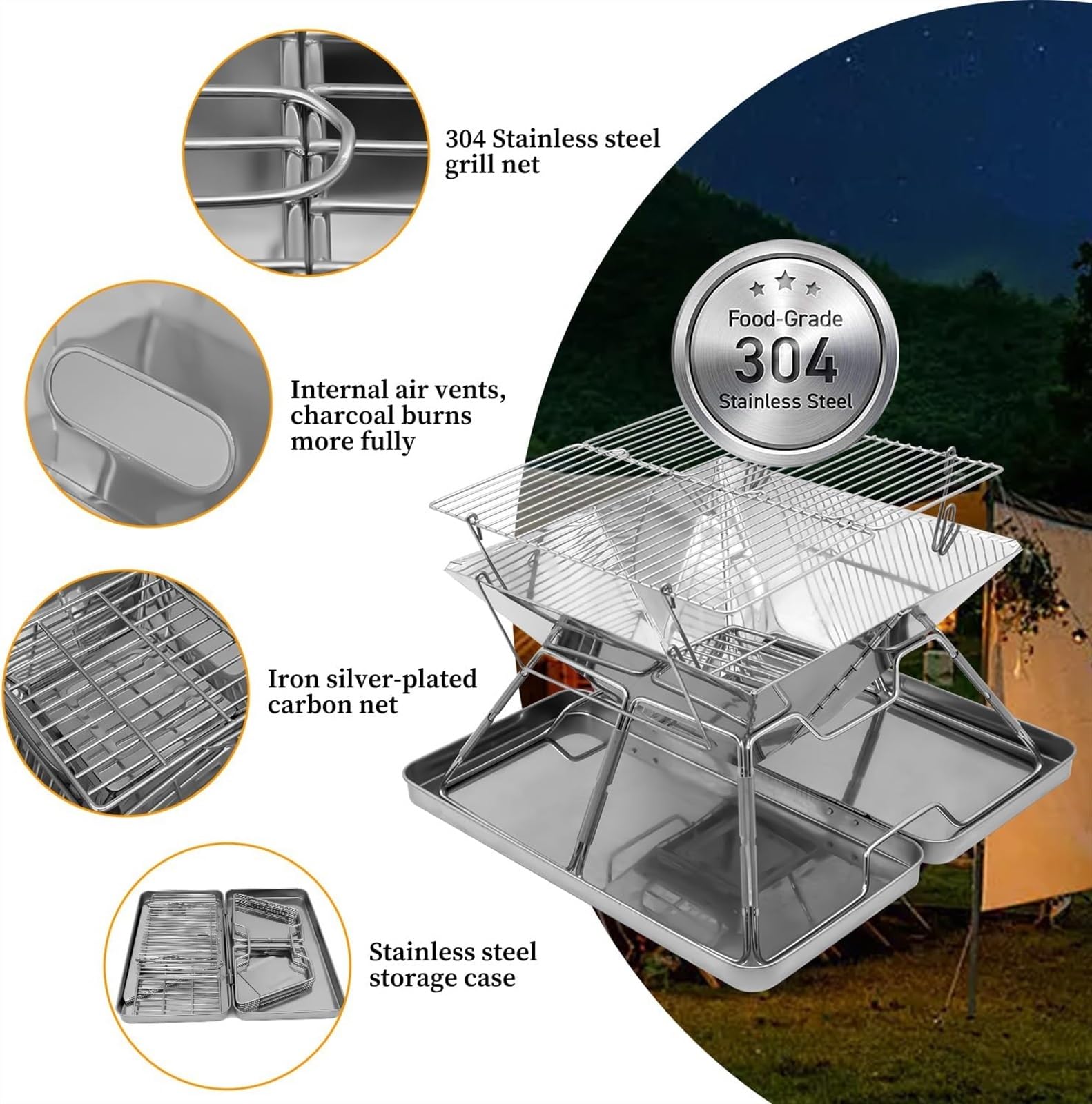 Asador de Carbón Parrilla De Barbacoa Acero Inoxidable, Portátil Para Acampar Para Mochileros, Senderismo, Viaje, Picnic Exterior Camping Picnic
