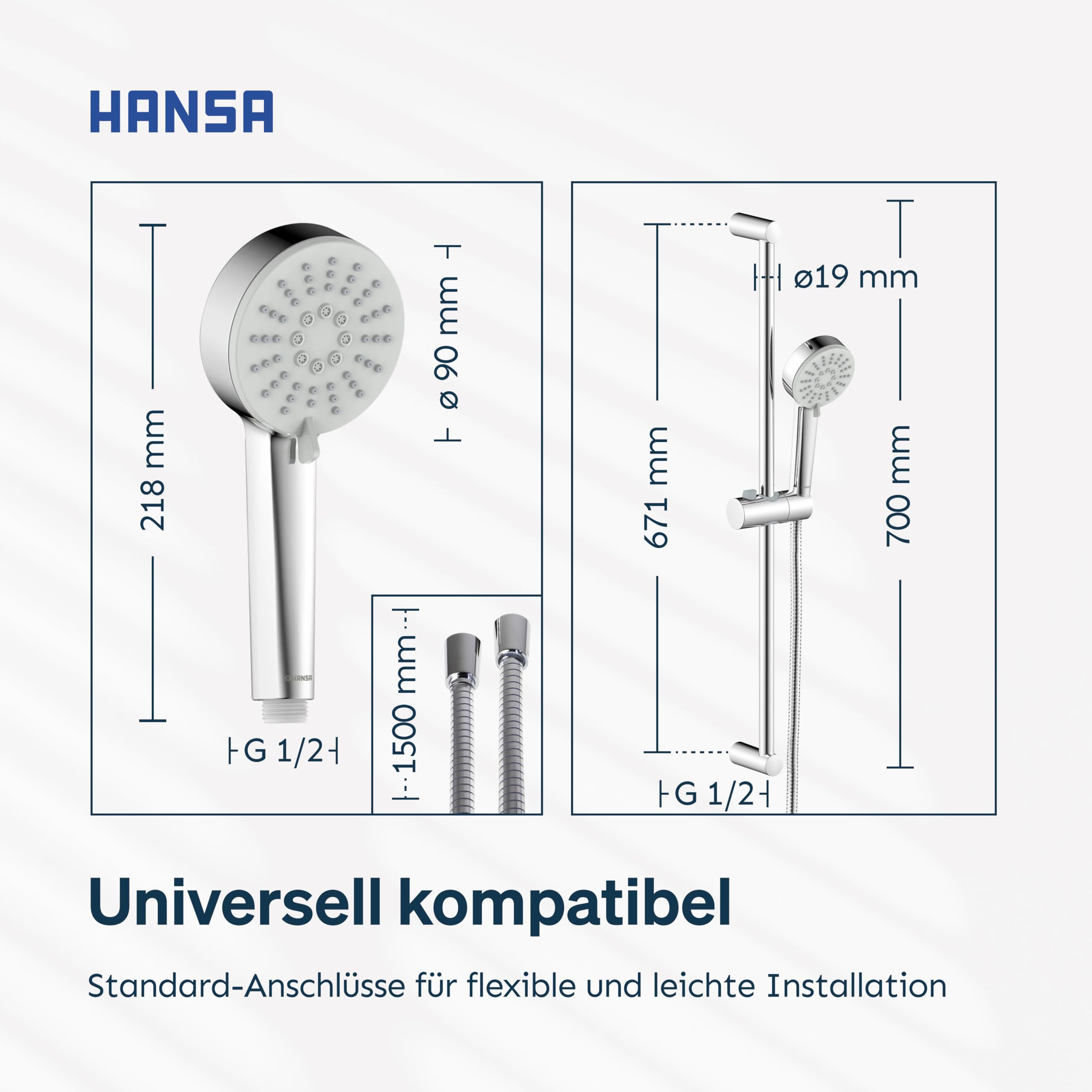 HANSA BASIC Duschgarnitur | Duschkopf mit Schlauch und Duschstange 70cm I Duschbrause mit 3 Strahlarten | Duschschlauch 1500 mm | Mit Duschkopfhalterung I Duschset ohne Armatur | Chrom