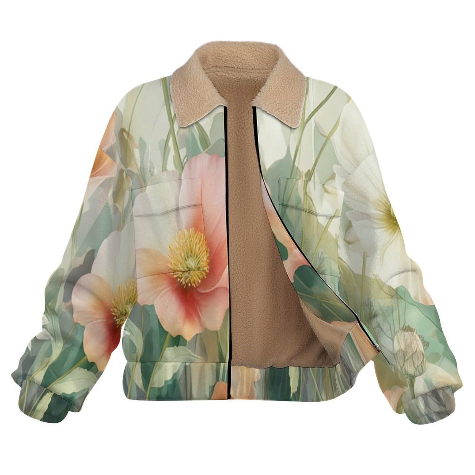 Giacca in Pile Caldi da Donna, Fiori natura Moda con Stampa a Papavero Margherita, Invernale, a Maniche Lunghe, con Chiusura Lampo, Spessa, Comoda, con Tasche