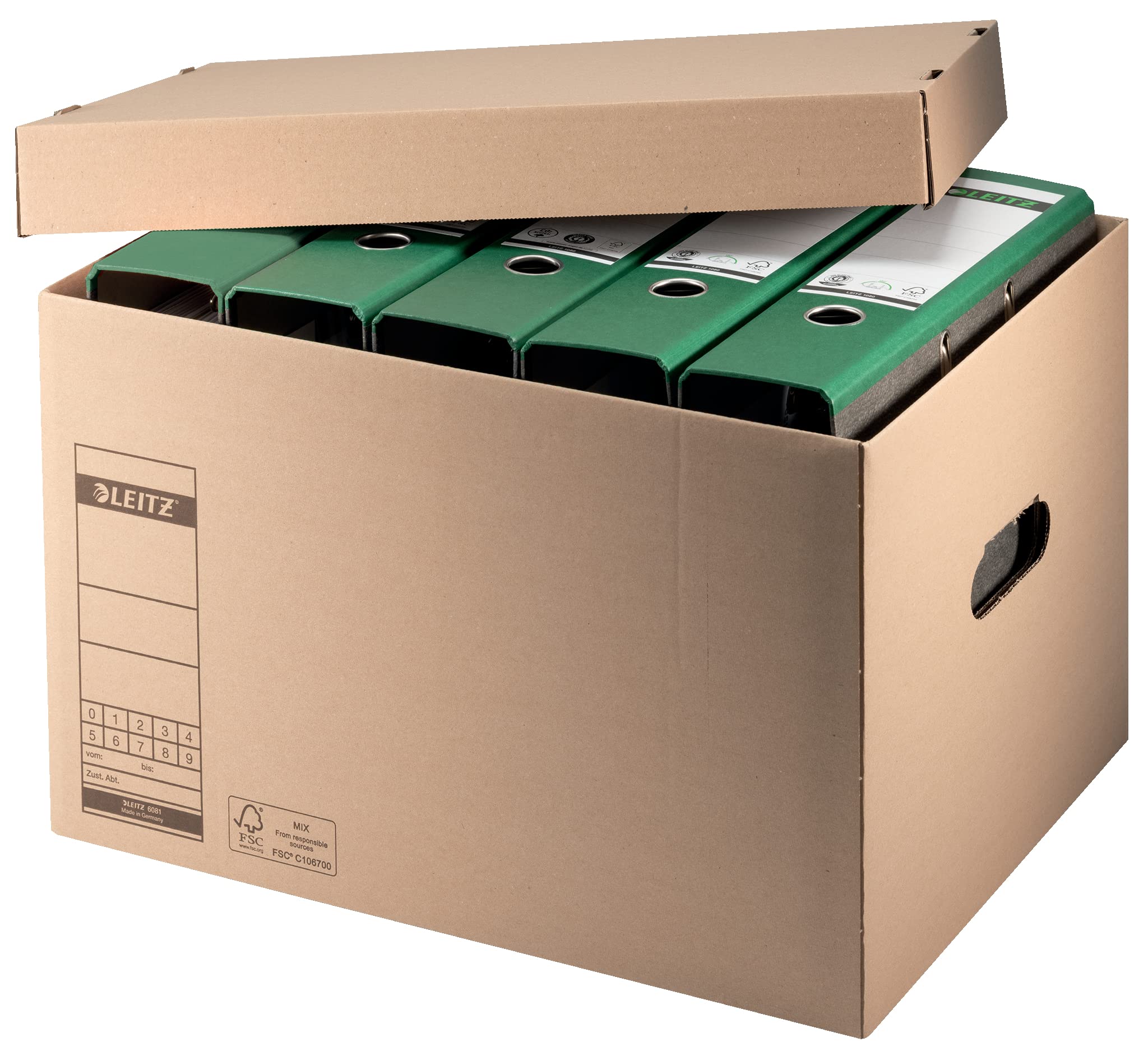 Leitz Premium 60810000 - Scatola per 4 raccoglitori A4 larghi o 7 stretti e altro ancora, con coperchio, confezione di cartone pieghevole, 100% riciclabile, 10 pezzi, marrone, 60810000