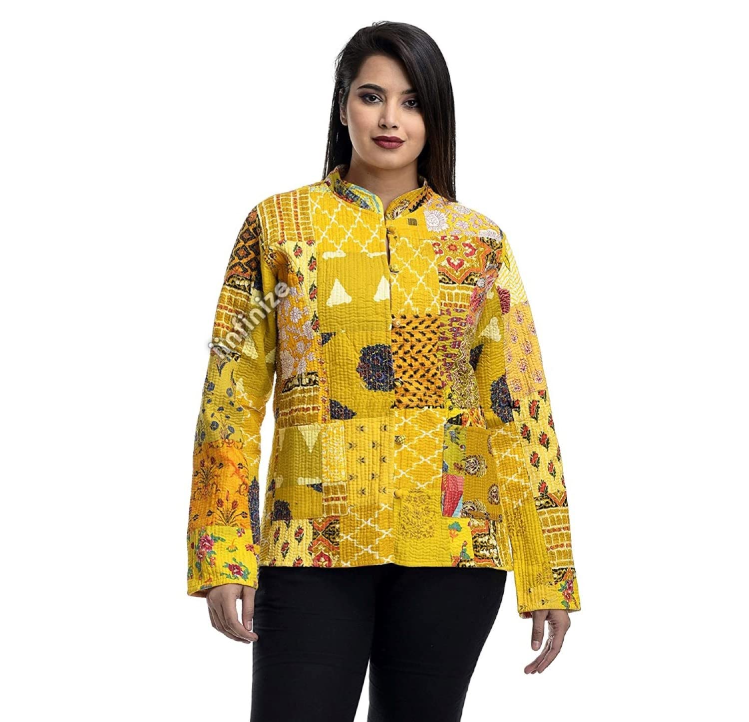 Quilted Reversible Vintage Coat Gorgeous Design Dress Front Pockets Long Sleeve Cotton Outerwear Kantha Quilted Blazer (M), Yellow-image-7