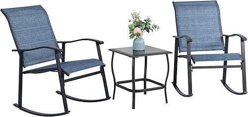 Miniatura 10 de Vongrasig 3 Piece Outdoor Rocking Bistro Set, Textilene Fabric Small Patio Furniture Set, Front Porch Rocker Chairs Conversation Set with Glass