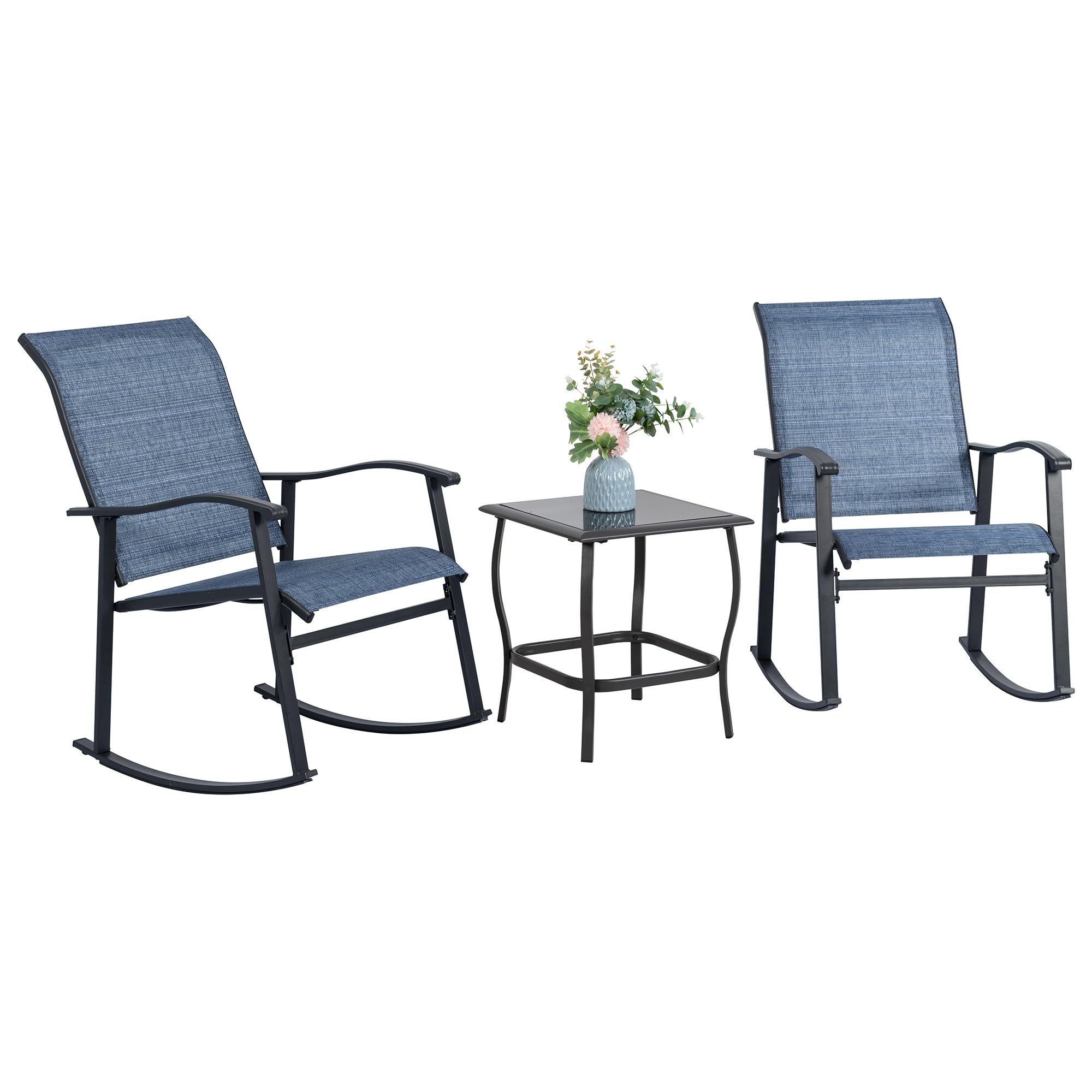 Vongrasig 3 Piece Outdoor Rocking Bistro Set, Textilene Fabric Small Patio Furniture Set, Front Porch Rocker Chairs Conversation Set with Glass Table