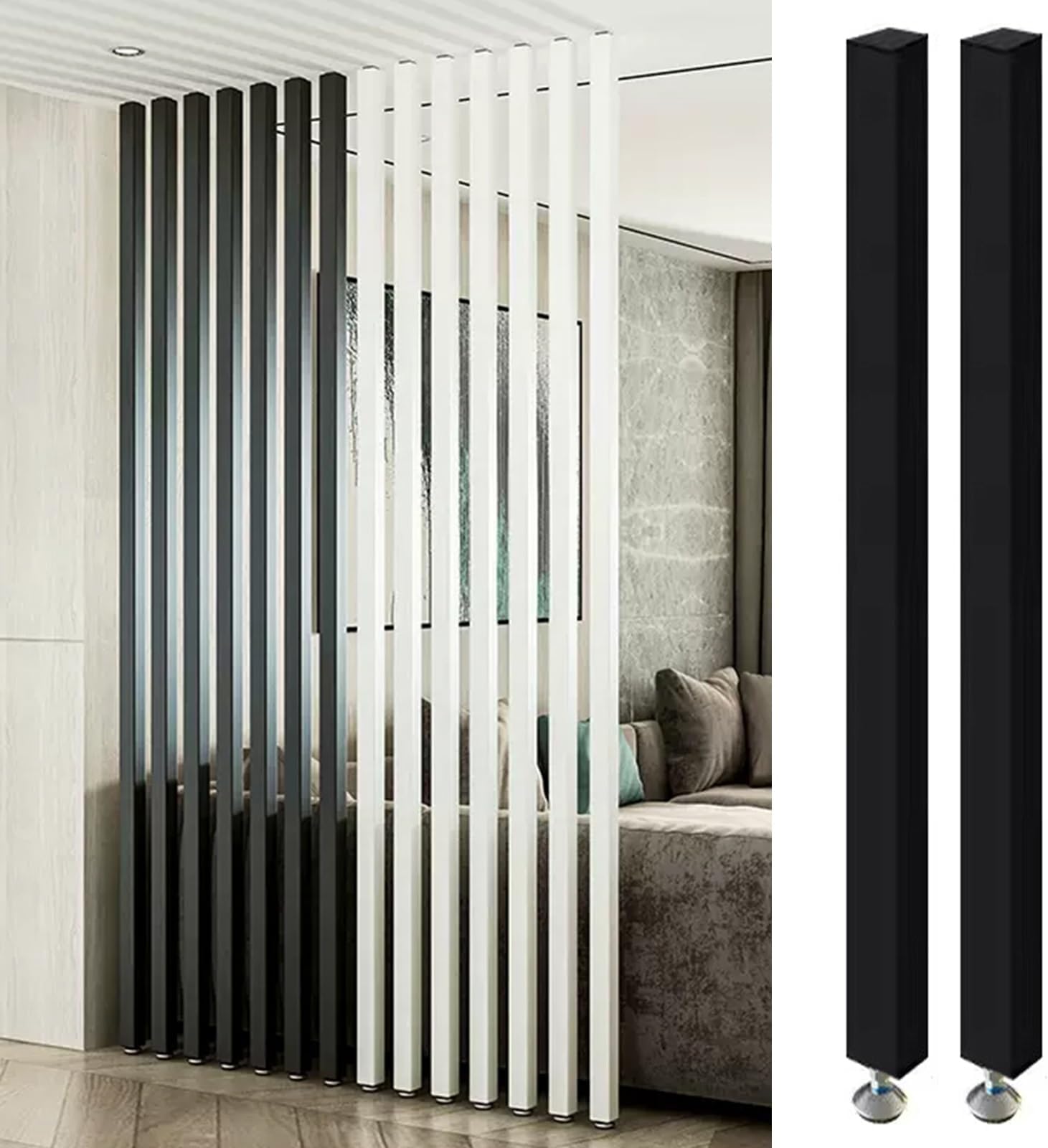 Living Room Floor to Ceiling Wall Post Partitions Screens, Wood Slat Room Divider Column with Adjustable Feet, Office Dividers Pillars 28 36 48 60 70 80 Inches High(Black 2 Pack,110cm/43.3in/3.6ft)