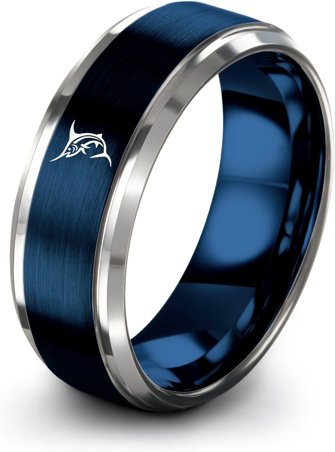 Gift for Fishing Fan - Marlin Ring - Anniversary Engagement Wedding - Silver Blue Black - Tungsten Carbide - Flat Dome Bevel - Brushed Polished - 8mm - Band - Men Women - Personalized Custom Engraving