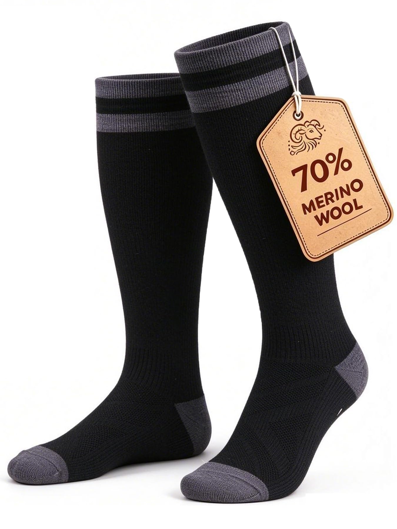 70% Merino Wool Compression Knee High Socks For Women Men, 15-20 mmHg