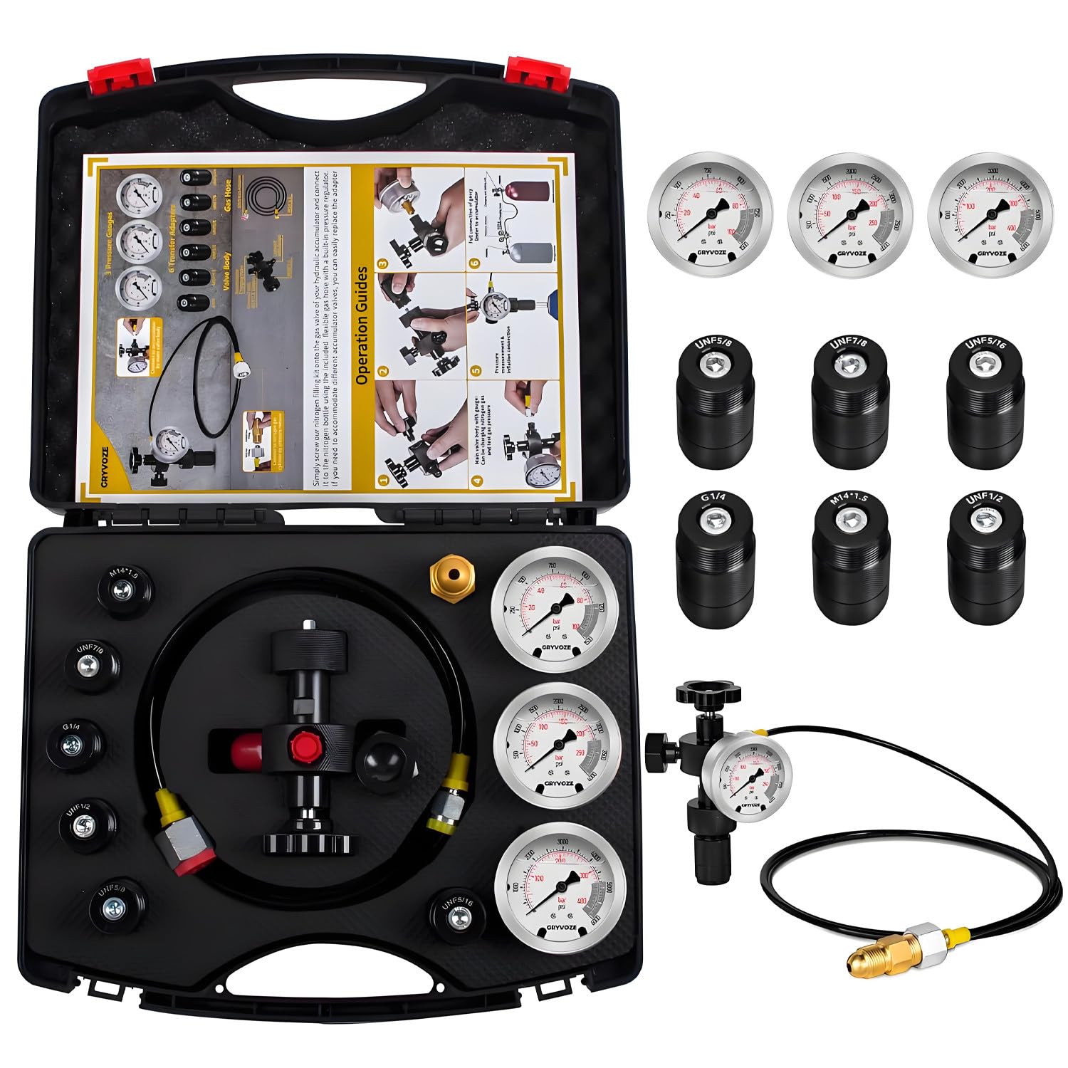Nitrogen Accumulator Charging Kit - Complete Nitrogen Pressure Test System with 3 Precision Gauges, 7 Adapters & 1 Durable Gas Hose for Efficient Gas Charging & Testing