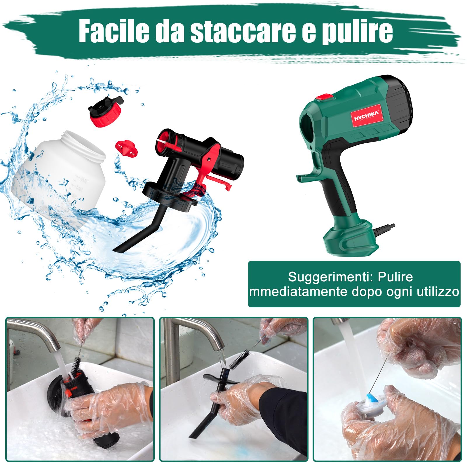 HYCHIKA Pistola per verniciare da 600W, Pistola a spruzzo per verniciare HVLP con contenitore da 1200ml, 4 ugelli, 3 modalità, ideale per la verniciatura di mobili, recinzioni, pareti