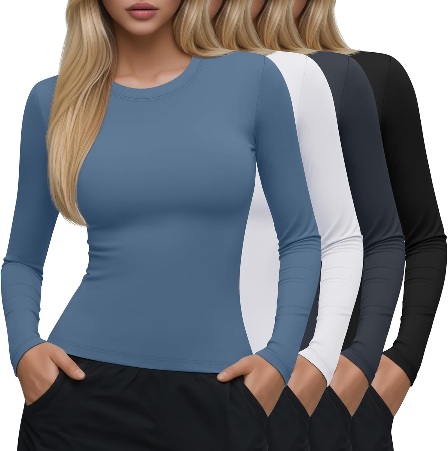 Neer 4 Pcs Womens Long Sleeve Compression Shirts Crew Neck Yoga Workout Shirts Lightweight Stretchy Breathable Tees