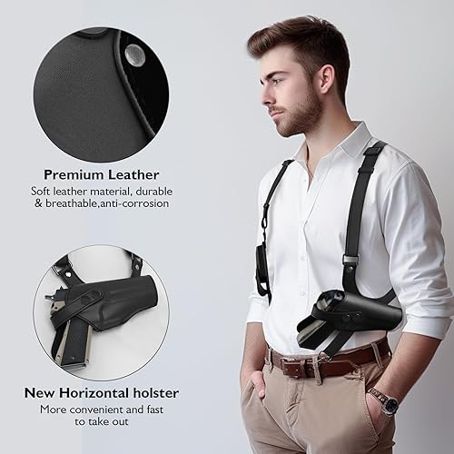 Miniatura 4 de Shoulder Holster General Vertical Gun Holster Adjustable PU Leather for Concealed Carry with Double Magazine Pouch - Fit 1911 Most Kinds of Pistols