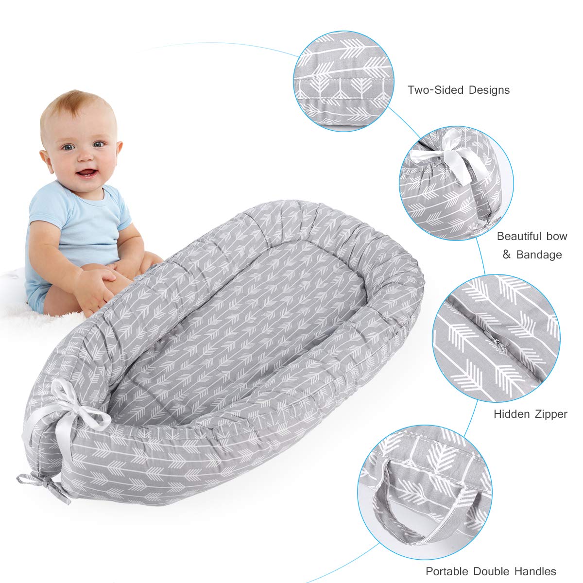 Tumbona nido para bebé, súper suave y transpirable, cama biónica desmontable con 2 colchones reemplazables (flecha)