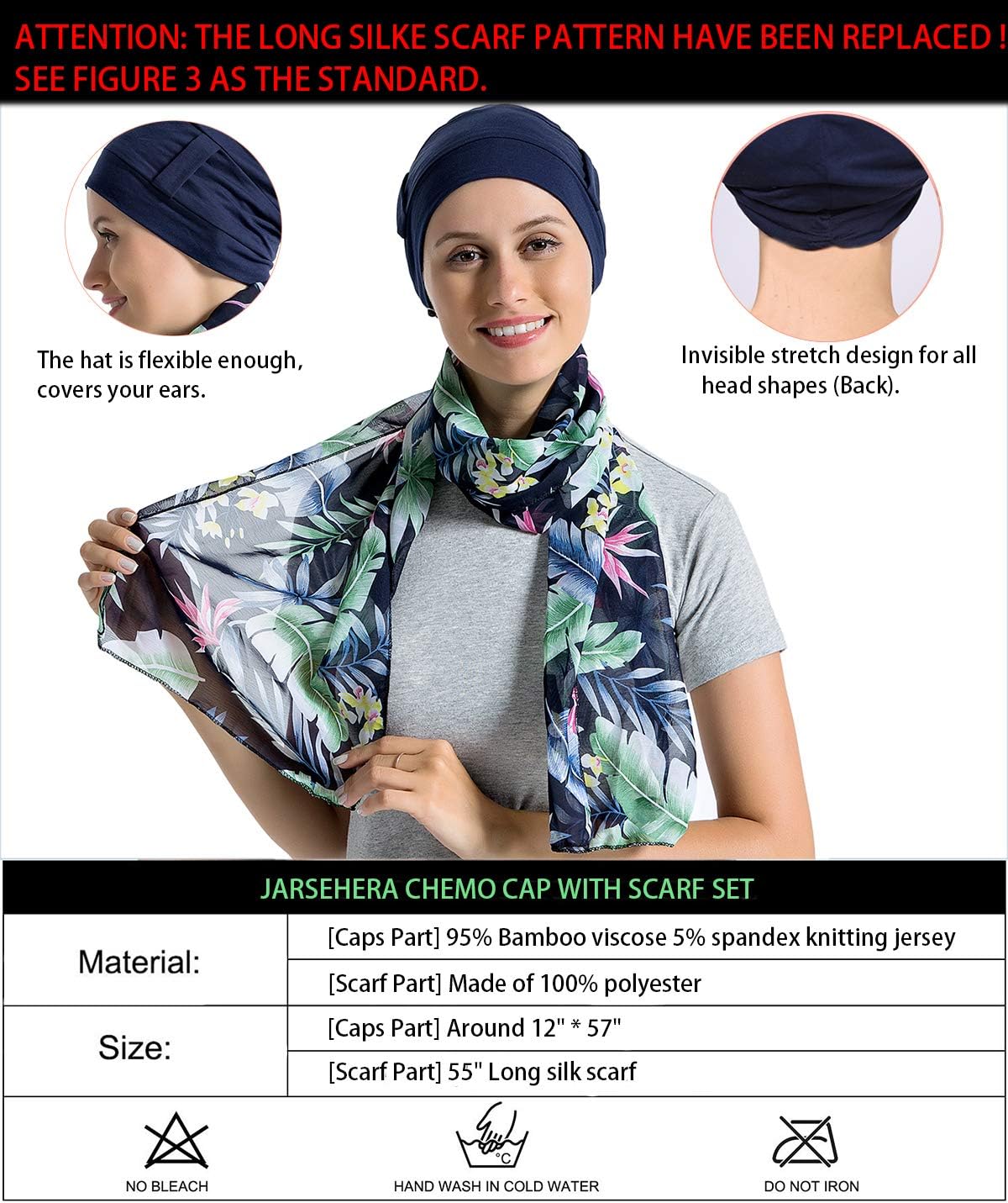 JarseHera Bamboo Cotton Liner Chemo Headwear for Women with Silky Scarfs for Cancer Hair Loss Sleep Caps Beanie - Image 2