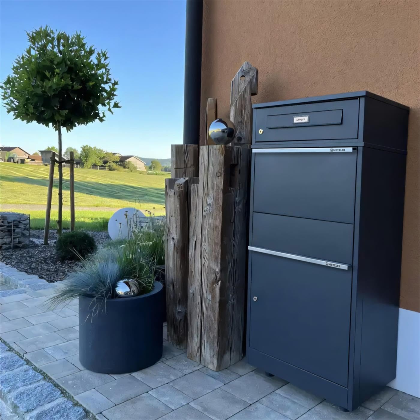 Metzler® boîte à Colis et Lettres avec Plaque de nom Interchangeable et Double Compartiment, Anthracite RAL7016, Acier thermolaqué résistant aux intempéries, Montage Facile, Bispo RE