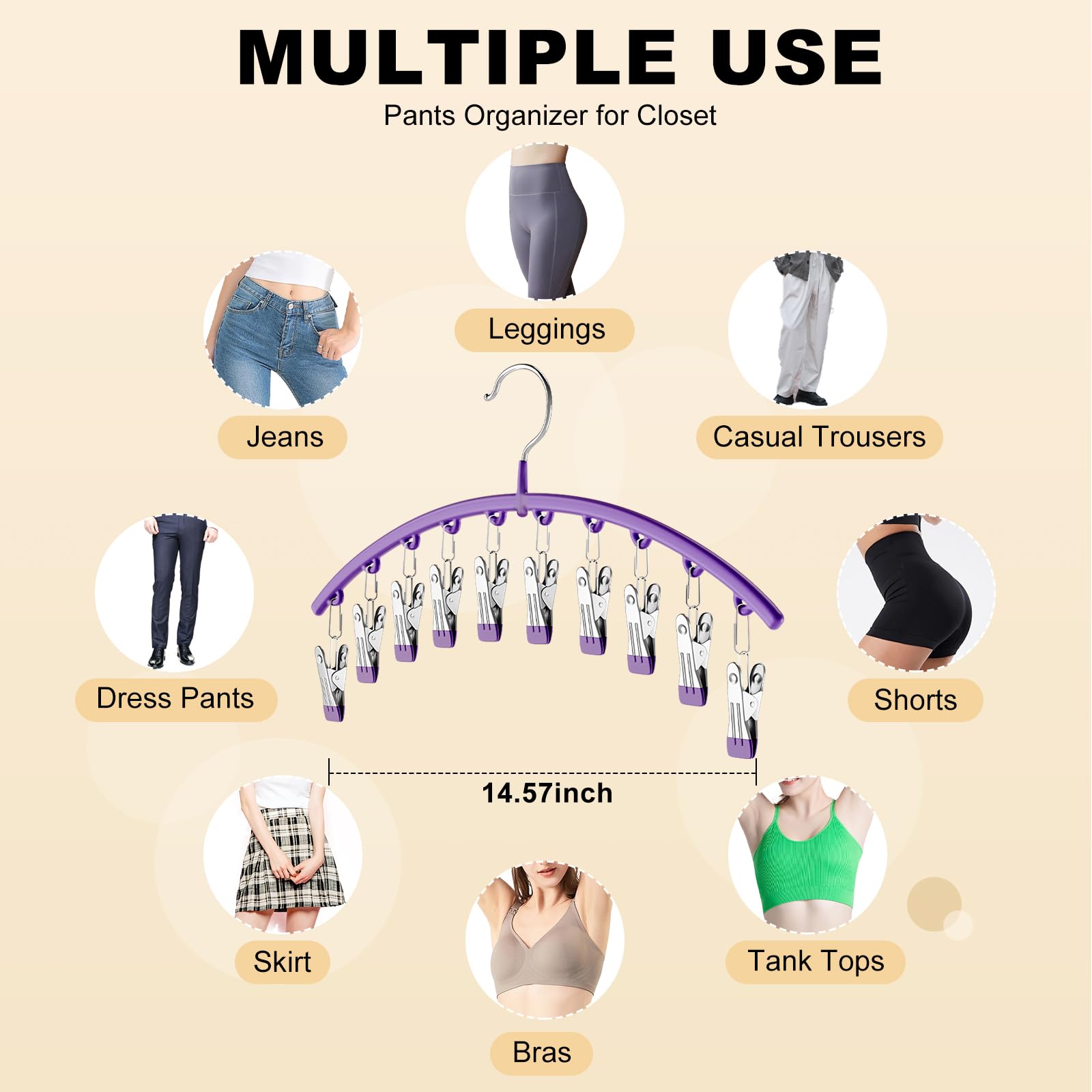 Volnamal Legging Organizer for Closet, Metal Yoga Pants Hangers 2 Pack w/10 Clips Holds 20 Leggings, Space Saving Hanging Closet Organizer w/Rubber Coated Closet Organizers and Storage, Black