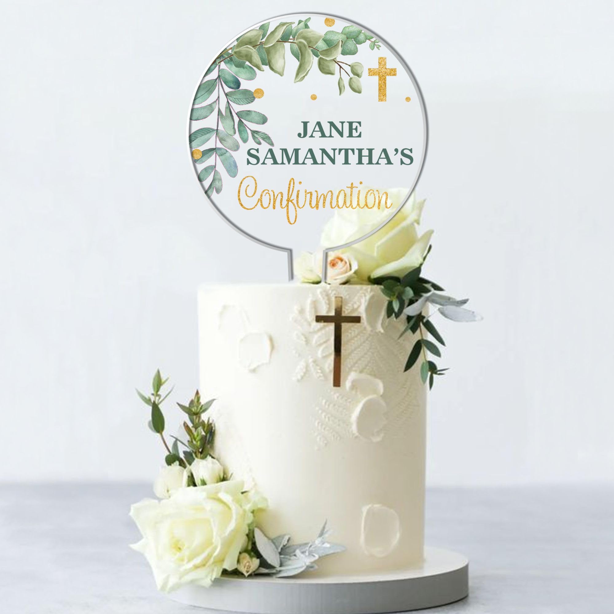 Personalised Religious Cake Topper – Custom Name & Occasion – Christening, Communion or Confirmation – Acrylic Floral Design with Cross – Reusable Printed Cake Decoration (Confirmation, Eucaliptus)