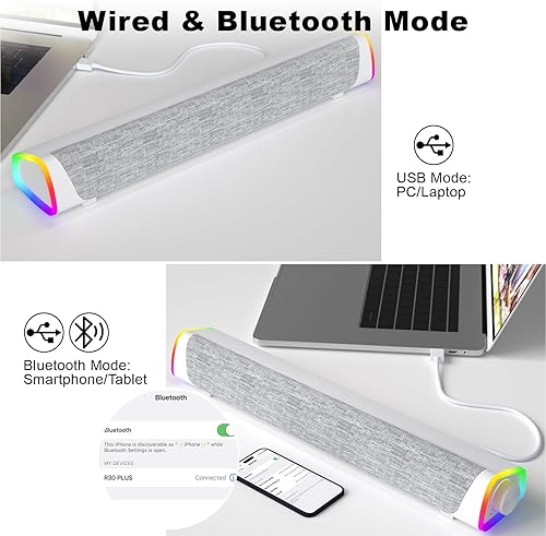 Miniatura 4 de SOULION R30 Plus Altavoces de computadora, con cable USB alimentado por Bluetooth V5.3 barra de sonido para PC, luces RGB coloridas con botón de