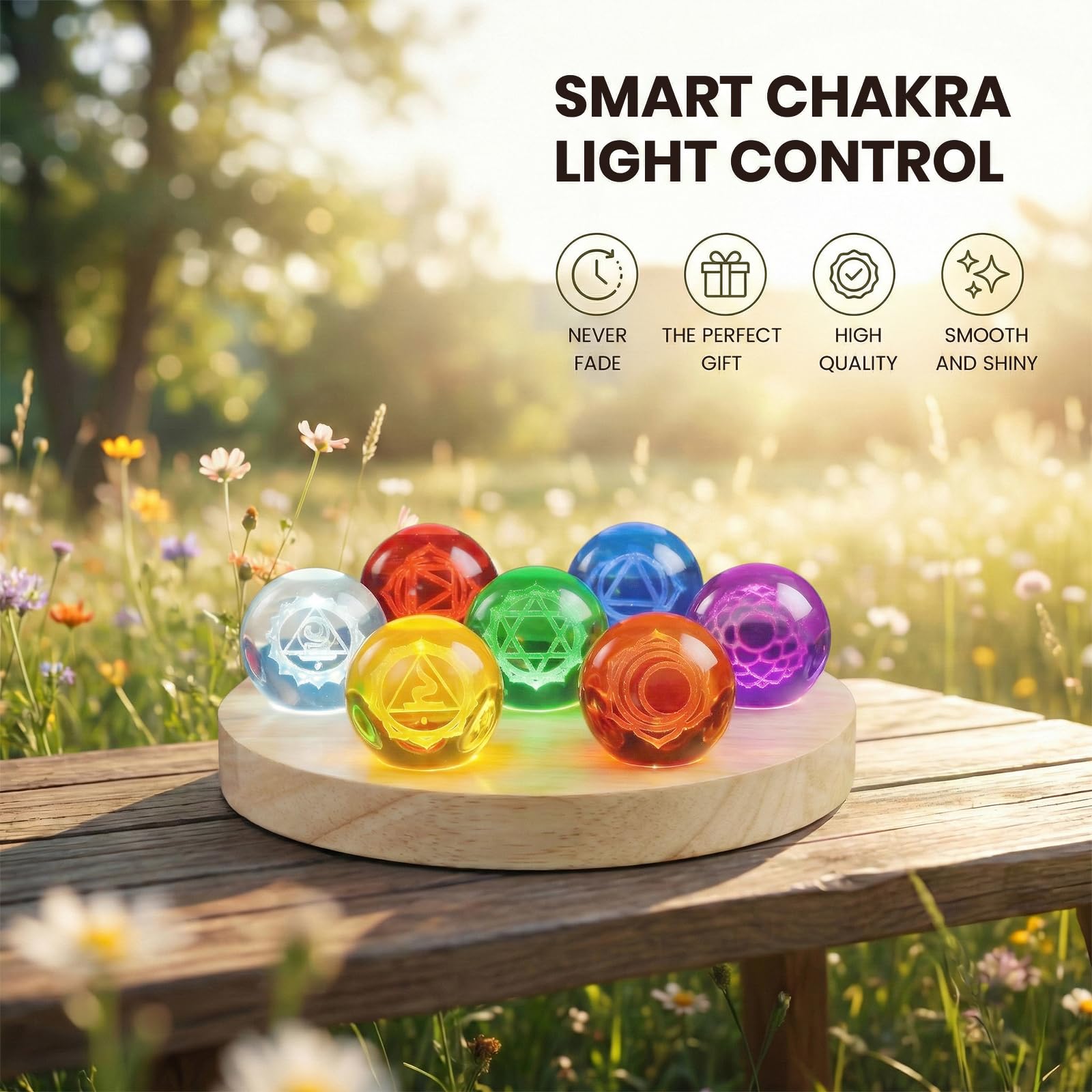 Hivexagon Bola de cristal de 7 chakras de 40 mm con base de madera. Incluye regulador de intensidad y temporizador para meditación. decorativa. Regalo (Round)
