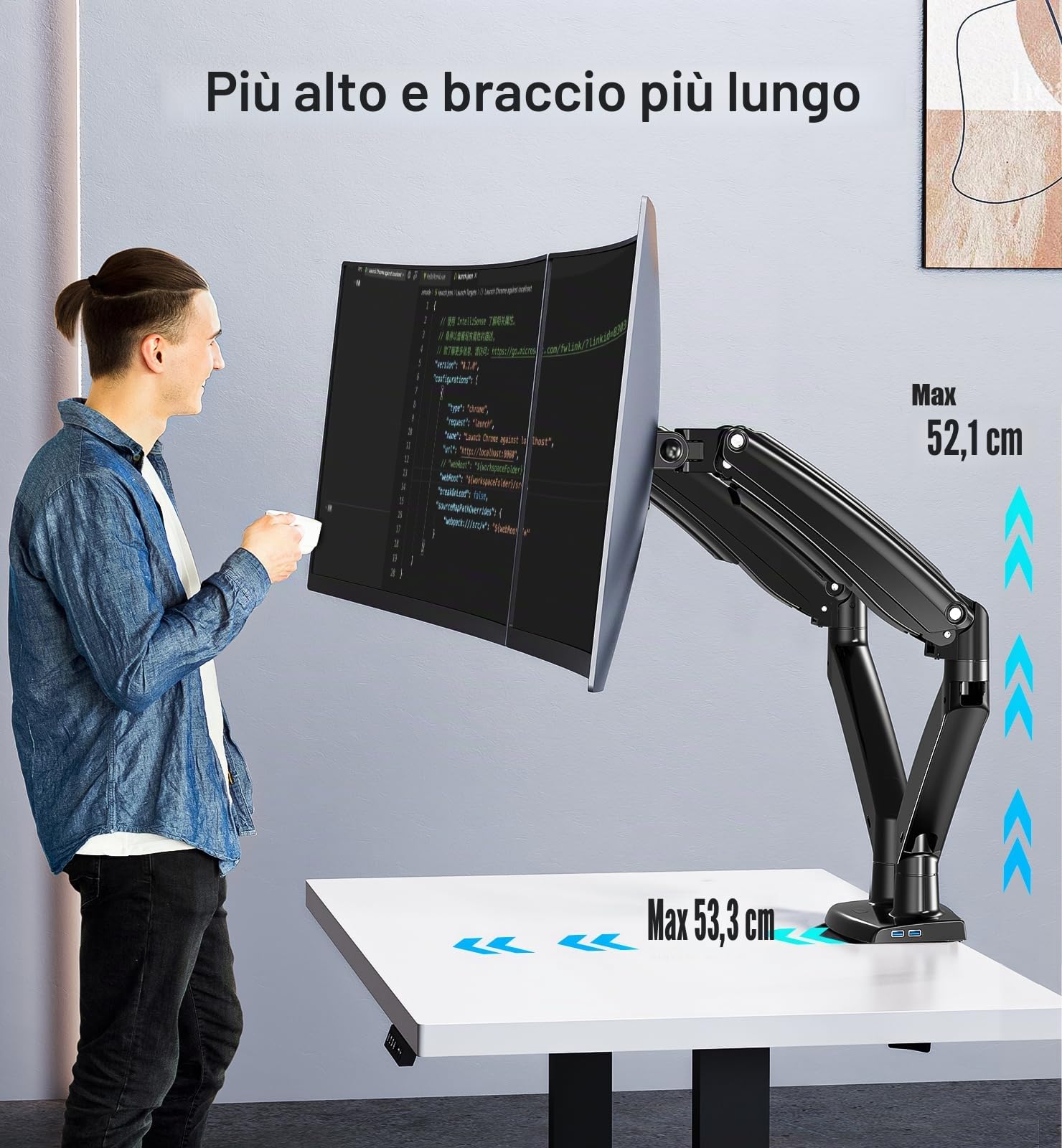 HUANUO Supporto per schermo PC 2 schermo ultra largo da 15 a 35 pollici, braccio per schermo PC con cavo USB, braccio schermo PC a movimento completo, peso fino a 12 kg