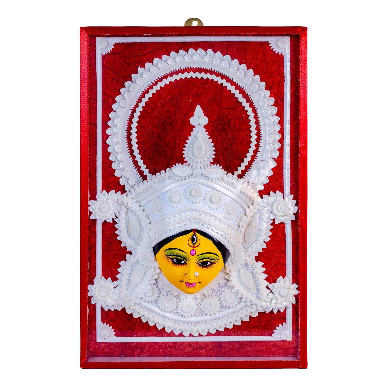 AMAR MATI Sholapith Maa Durga Face in Glass Box, Handmade, Clay Face, Red, 12 inch x 8 inch, Indian Cork, Wall Hanging, Livingroom, Puja, Gift, Decor, Home Decor
