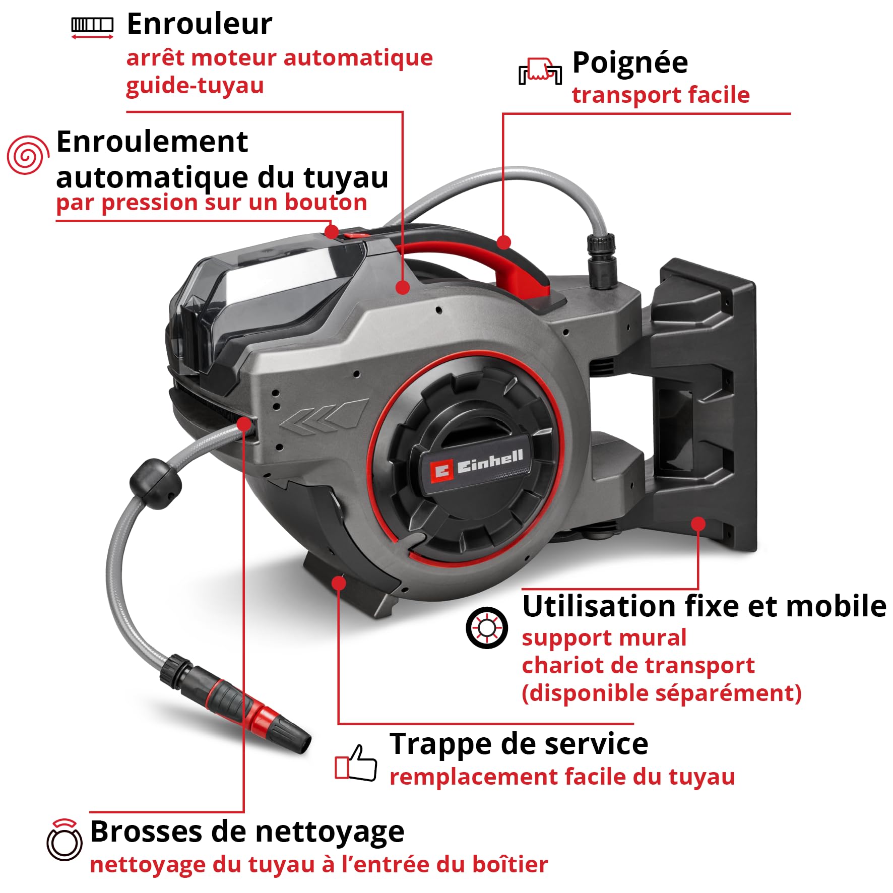 Enrouleur de tuyau sans fil Einhell GE-HR 18/30-1 Li-Solo | PXC | 18 V | enroulement automatique du tuyau | pivotant à 180° | support mural | tuyau de 30 m | pulvérisateur de jardin