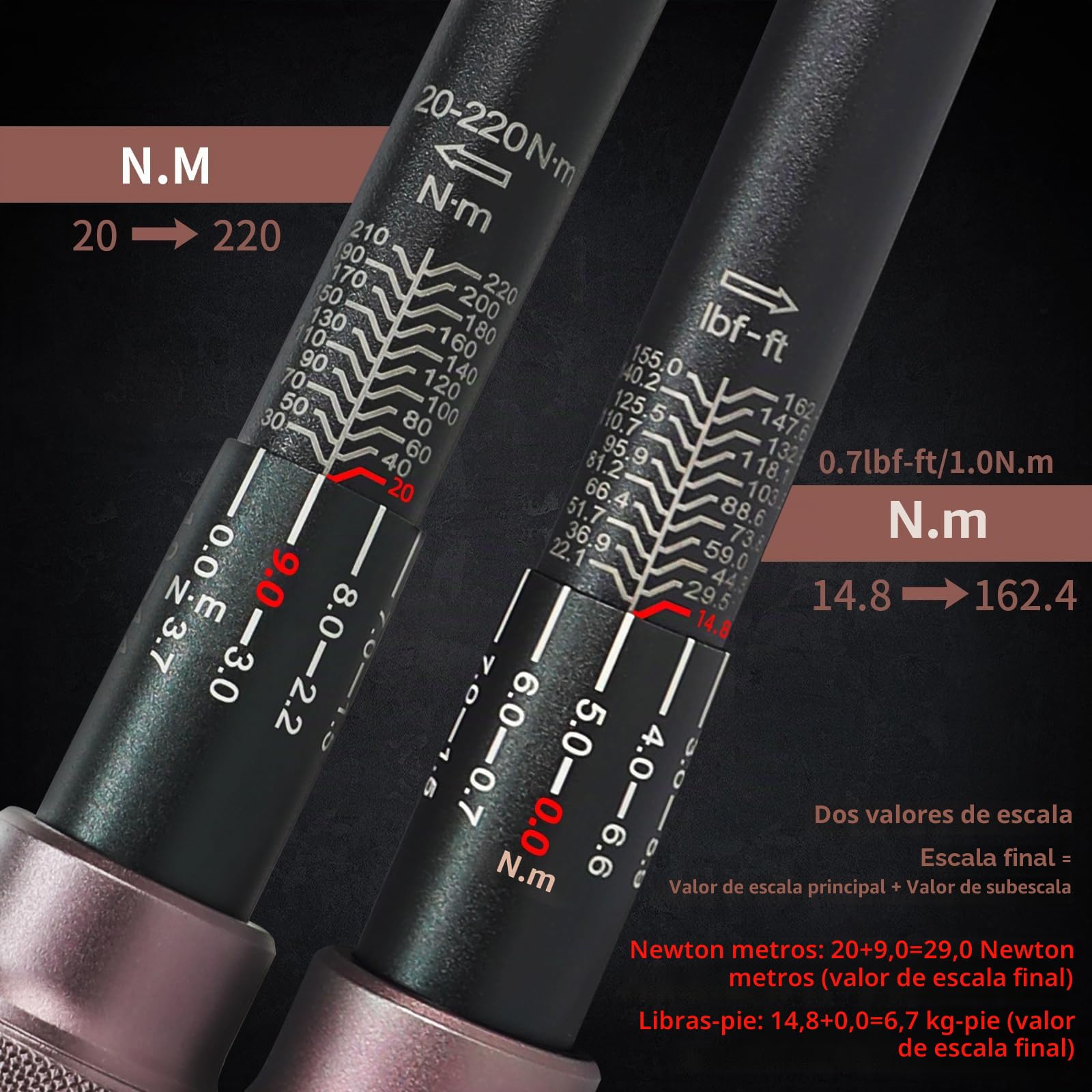 Llave Dinamométrica 1/2" 20-220NM, Dinamometrica Juego de 14 Piezas, ±3% Alta Precisión, 72 Dientes Llave Dinamometrica Bicicleta Para Motocicletas Coches Camiones etc