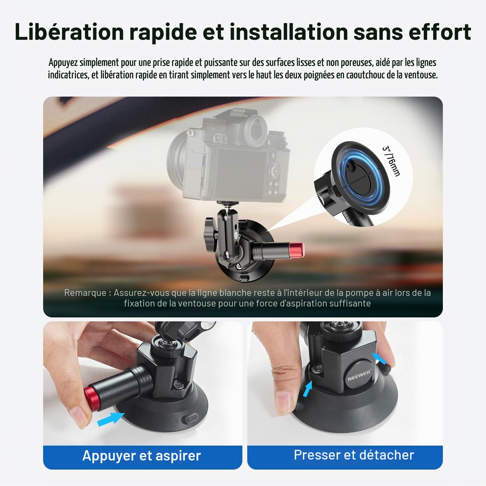 NEEWER Support Caméra Ventouse 3",Compatible avec Arri 1/4" Trous, Support de Voiture Quick Release+ de Téléphone, Adaptateur Action Cam Compatible avec iPhone GoPro DJI Insta360, CA104
