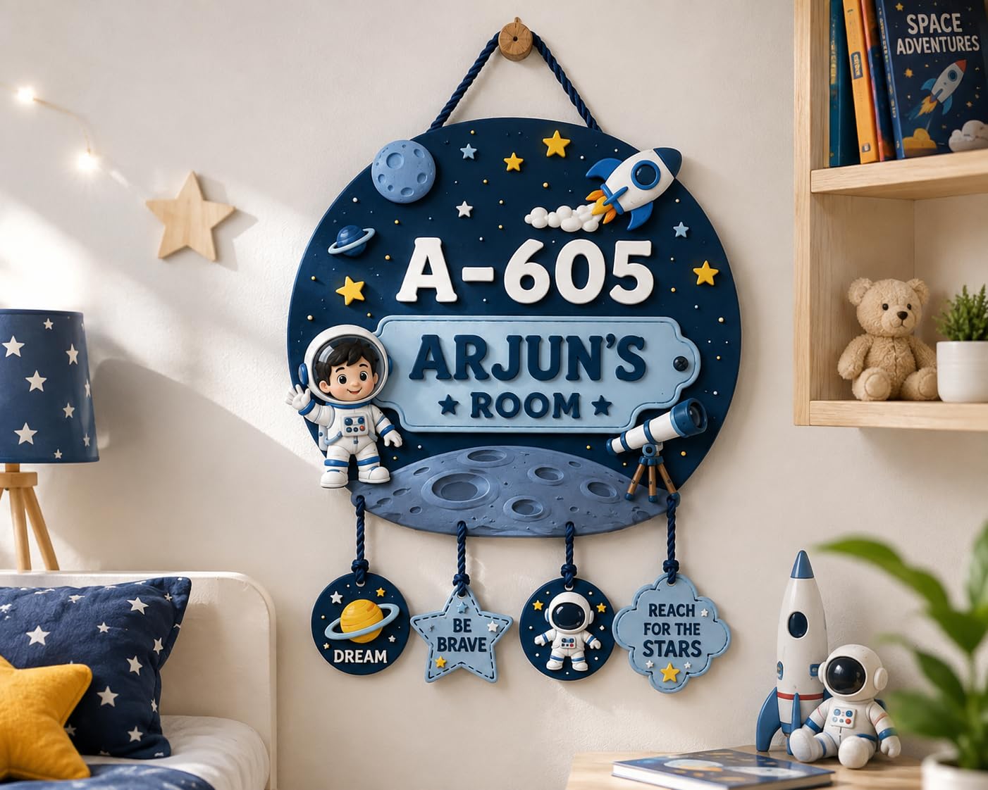 personalized kids room name plate for boys | custom name & house number door hanging | space, rocket & astronaut theme wooden nameplate with hanging charms | kids bedroom & nursery wall decor - 18 x 10 inches